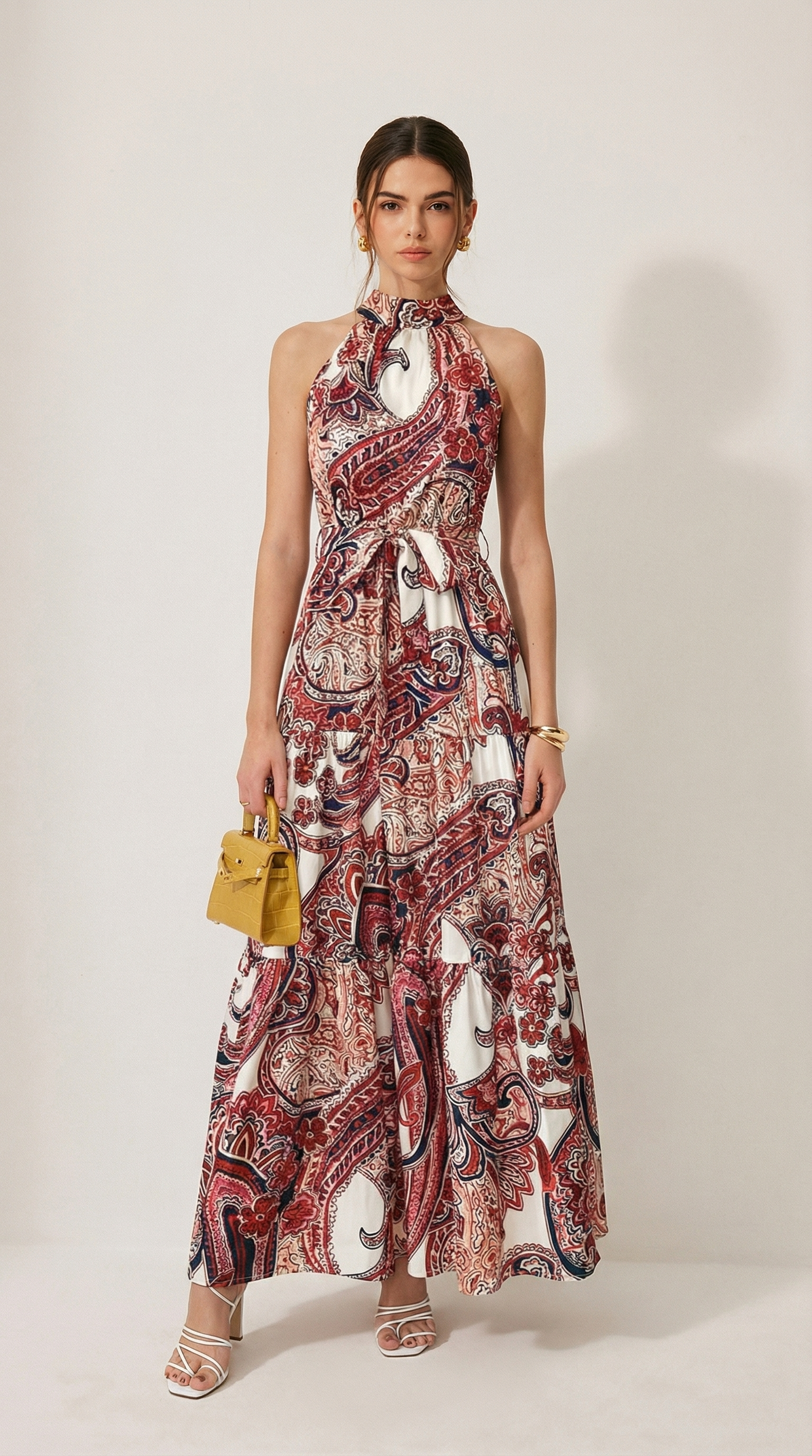 Paisley Desenli Kuşaklı Halter Yaka Maksi Elbise
