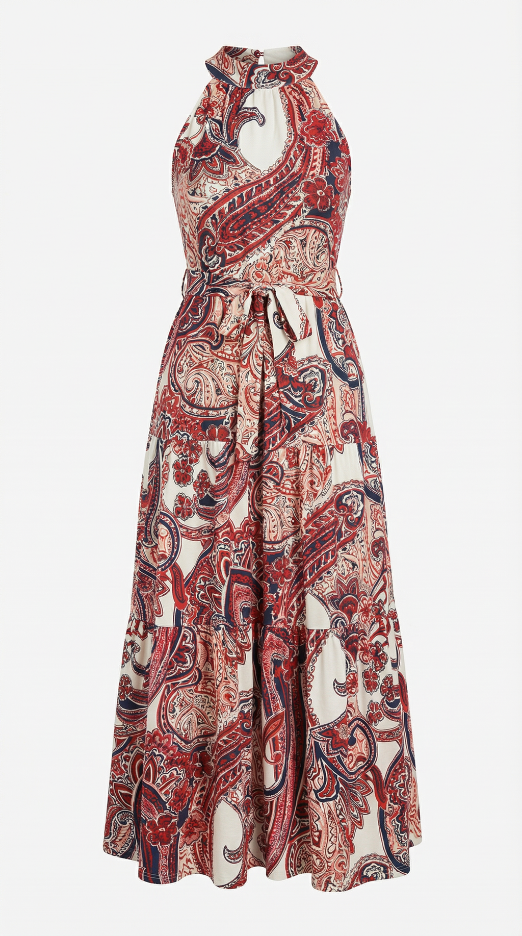 Paisley Desenli Kuşaklı Halter Yaka Maksi Elbise