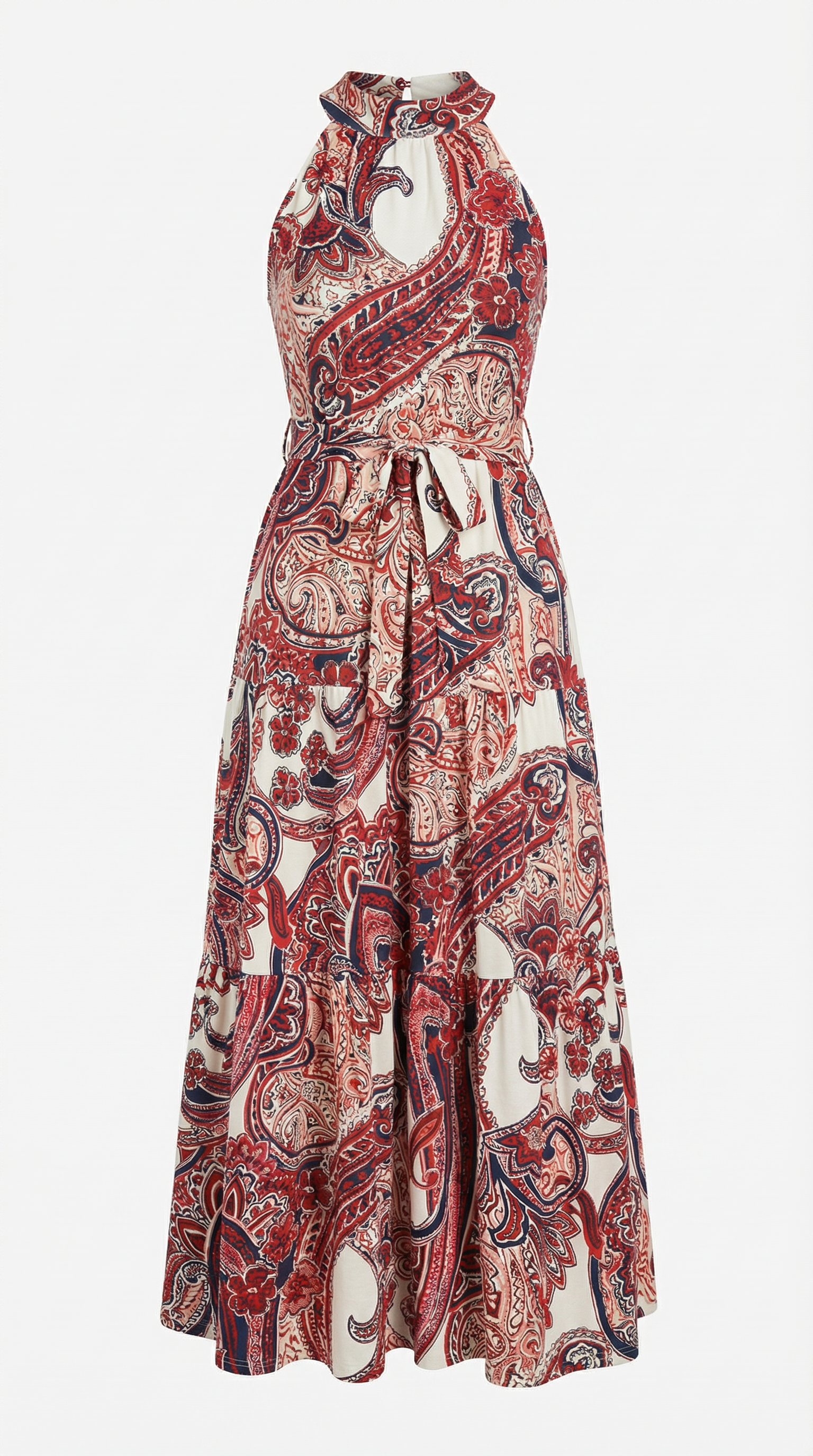 Paisley Desenli Kuşaklı Halter Yaka Maksi Elbise