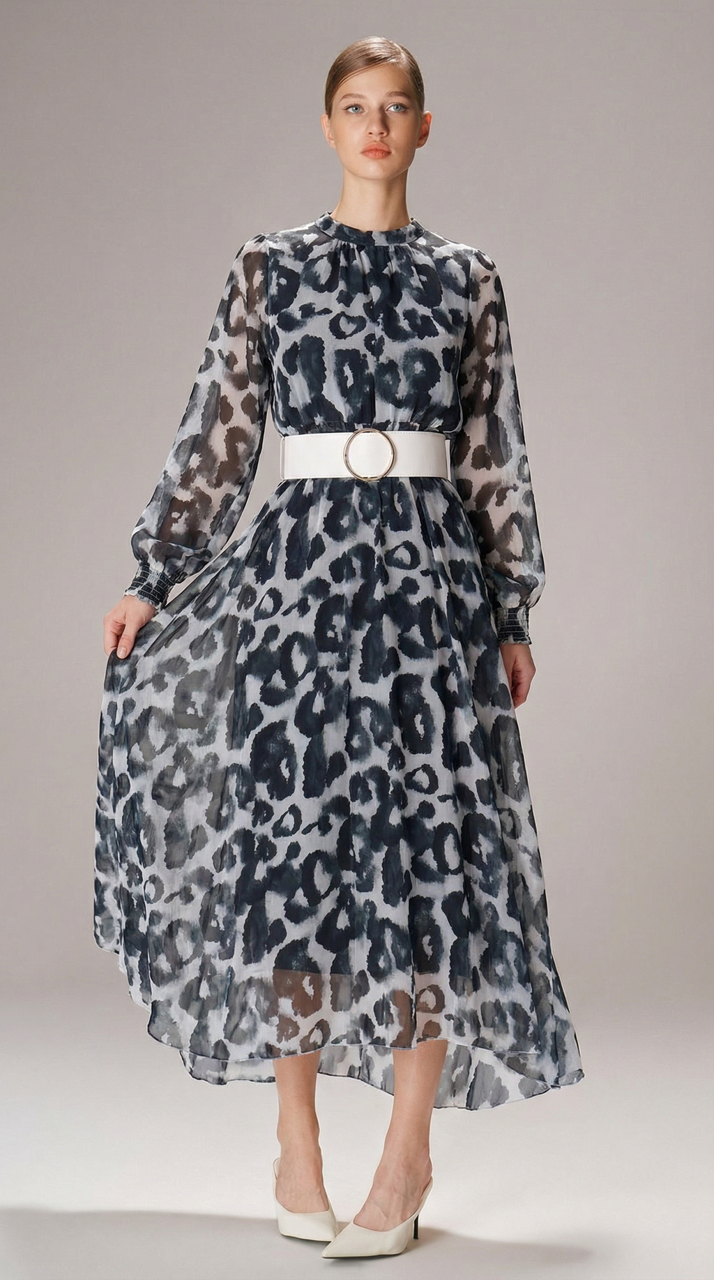 Leopar Desenli Kemerli Şifon Midi Elbise