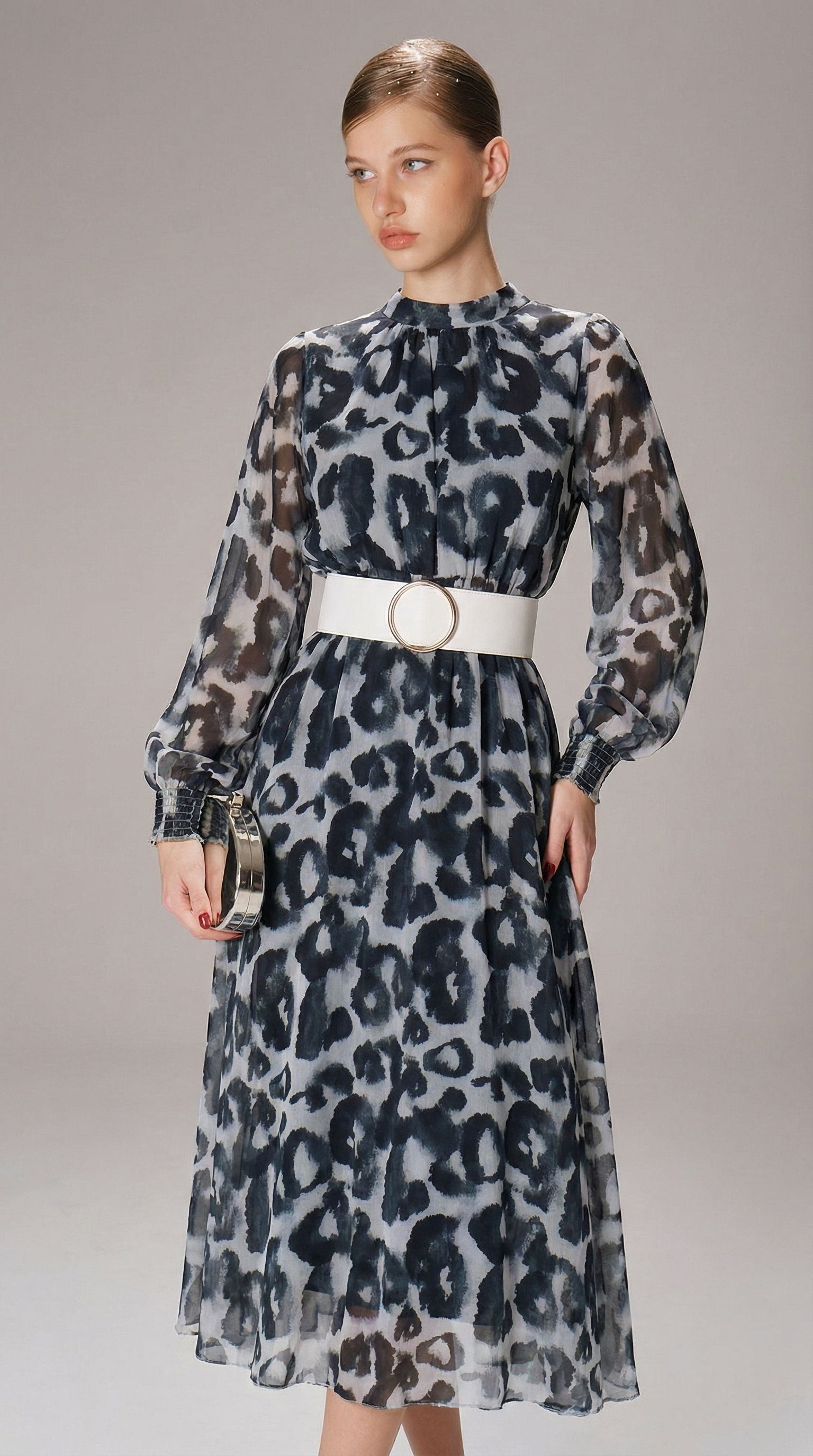 Leopar Desenli Kemerli Şifon Midi Elbise