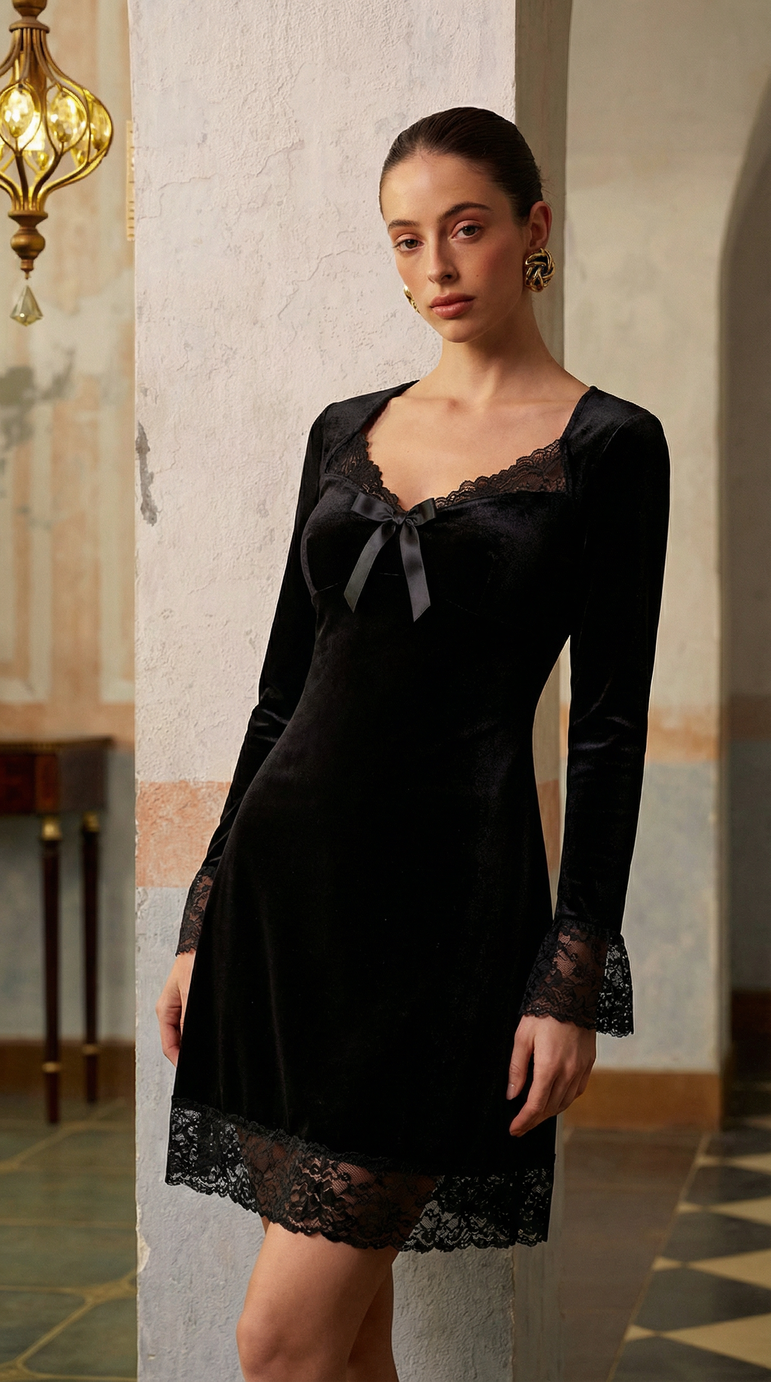 Dantel Detaylı Siyah Kadife Mini Elbise