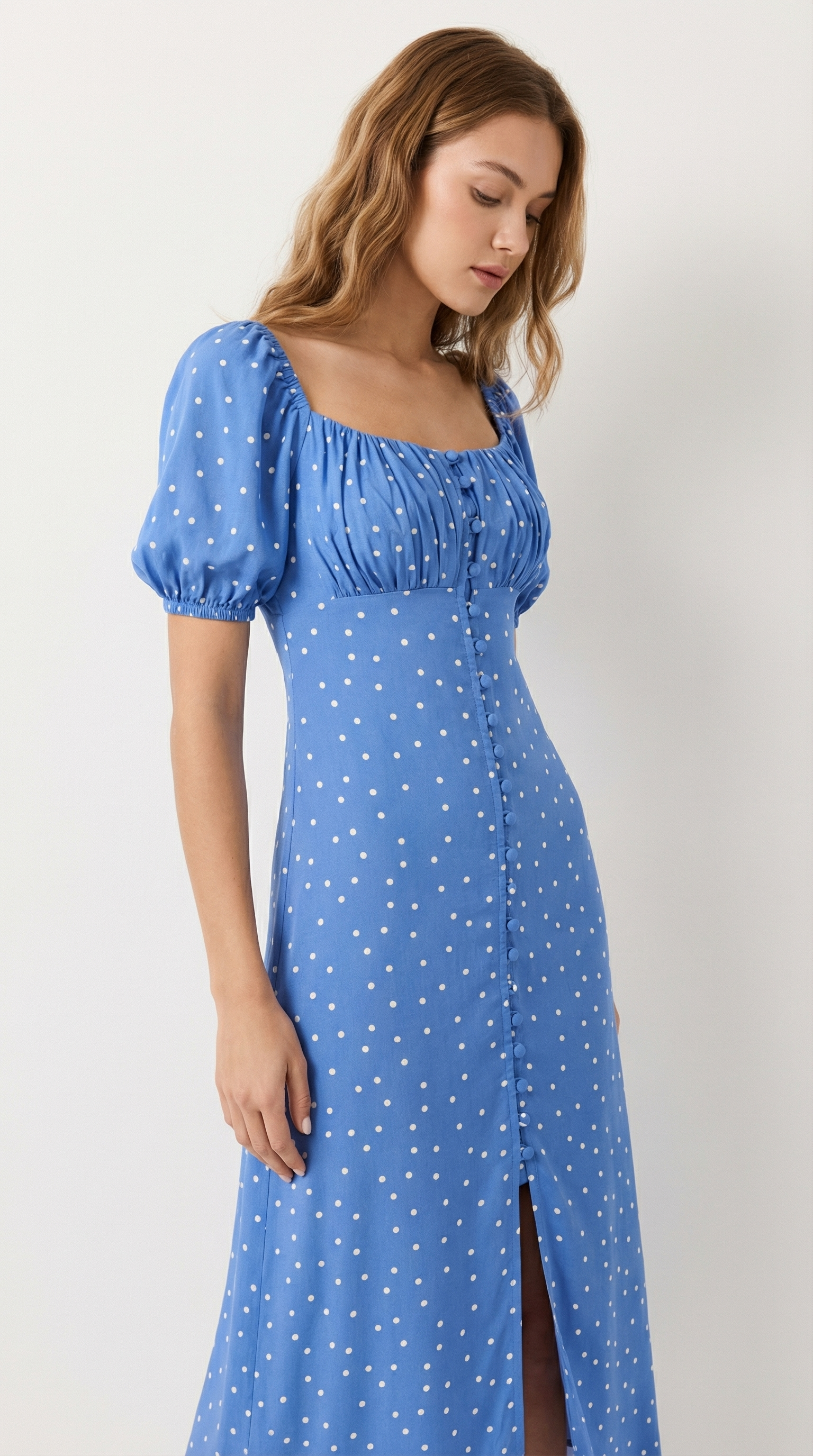 Mavi Puantiyeli Düğme Detaylı Midi Elbise
