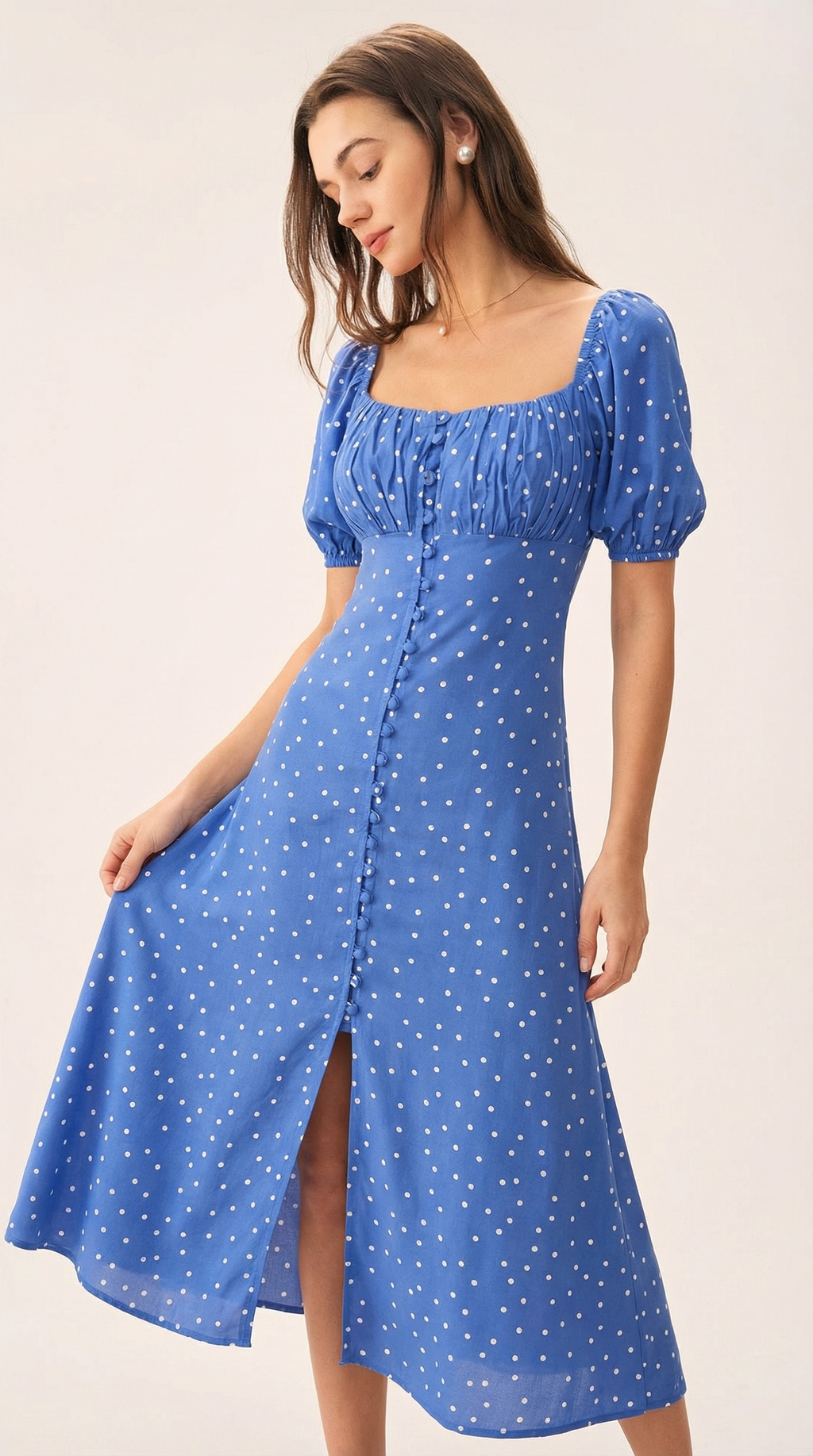 Mavi Puantiyeli Düğme Detaylı Midi Elbise