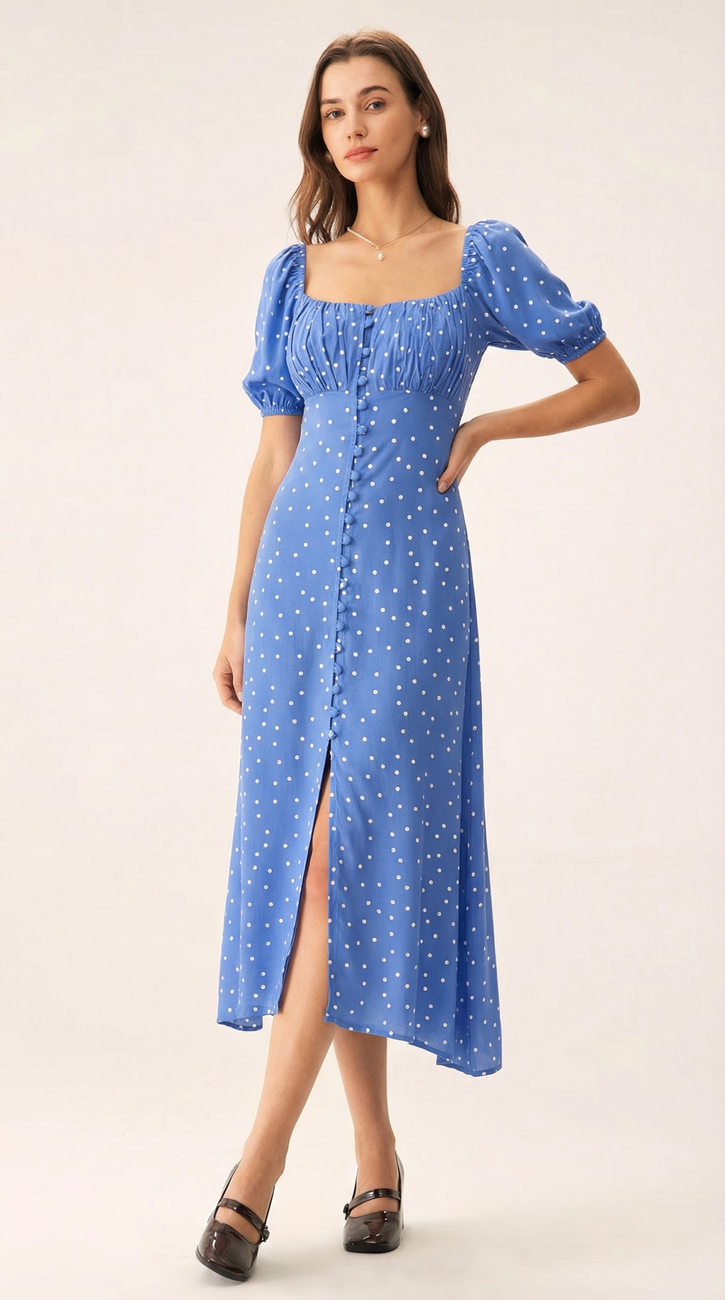 Mavi Puantiyeli Düğme Detaylı Midi Elbise