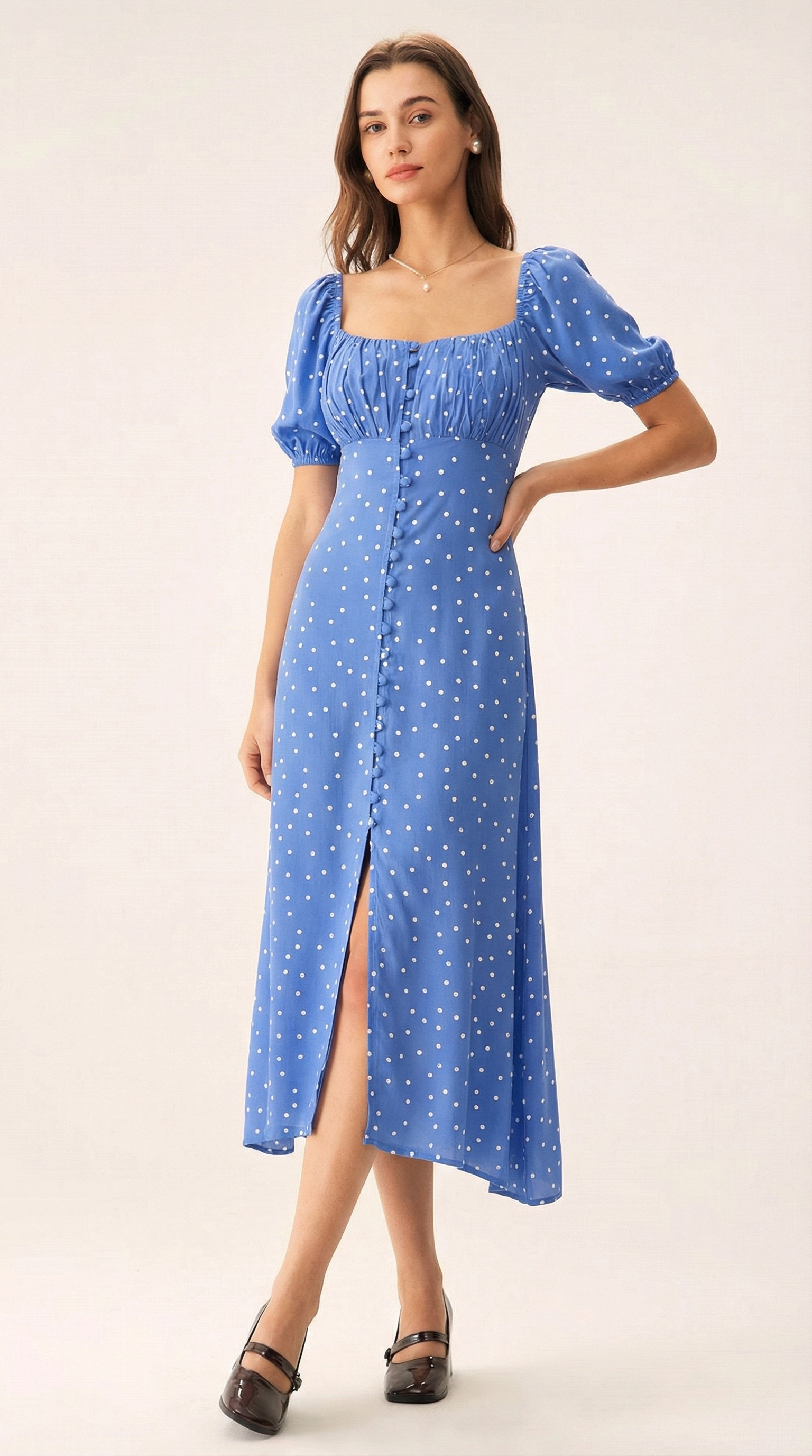 Mavi Puantiyeli Düğme Detaylı Midi Elbise