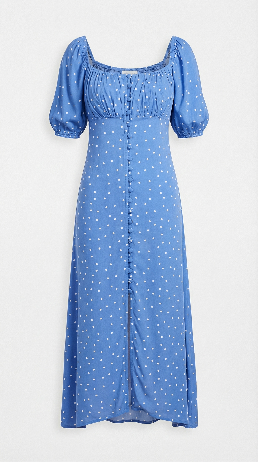 Mavi Puantiyeli Düğme Detaylı Midi Elbise