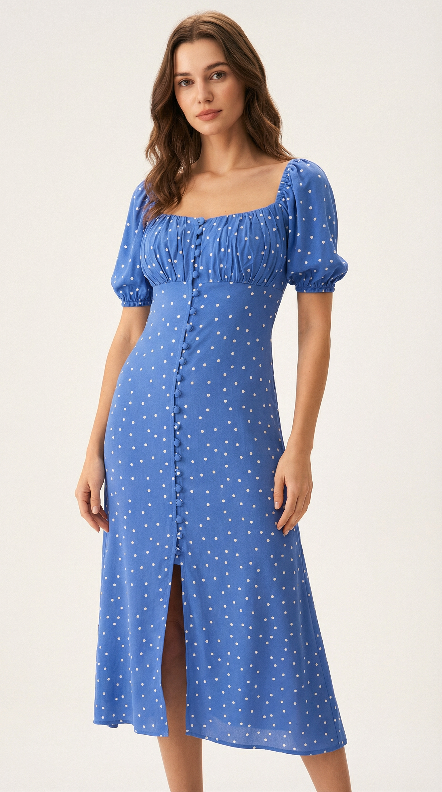 Mavi Puantiyeli Düğme Detaylı Midi Elbise