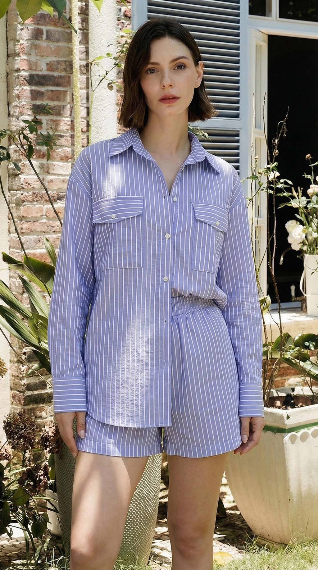 Lila Çizgili Uzun Kollu Şort Takım