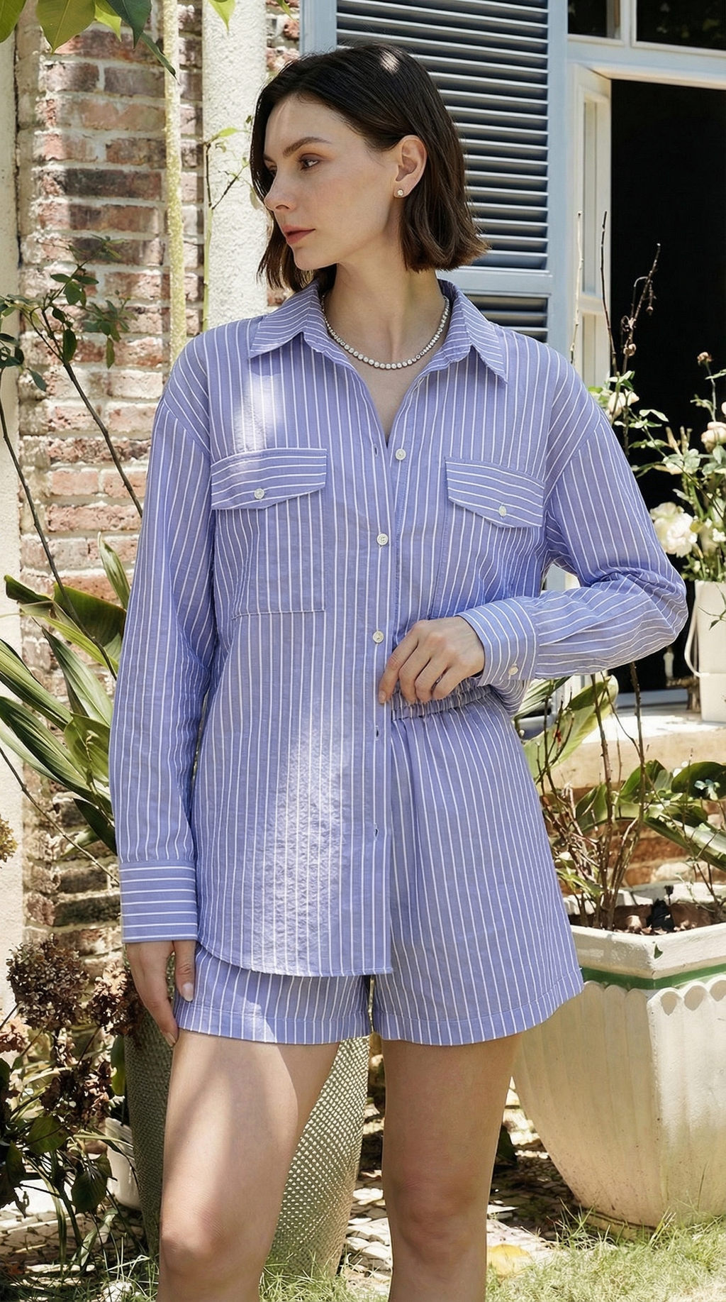 Lila Çizgili Uzun Kollu Şort Takım