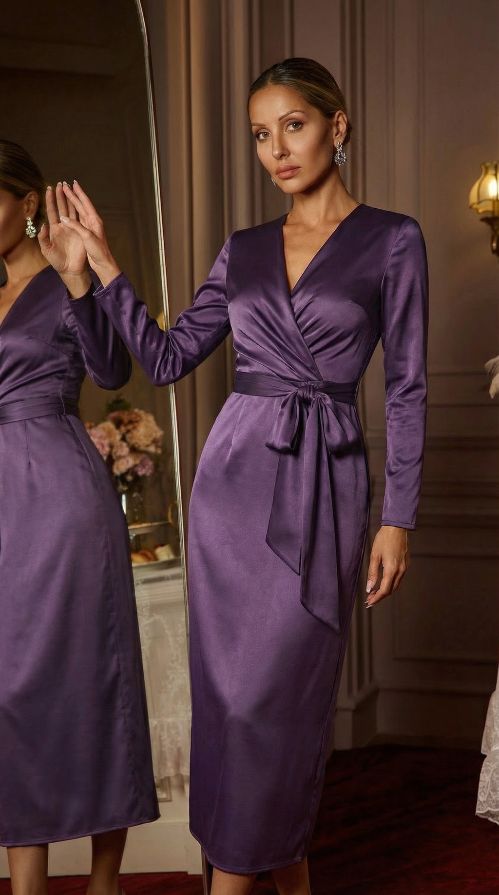 Mor Kruvaze Saten Uzun Elbise