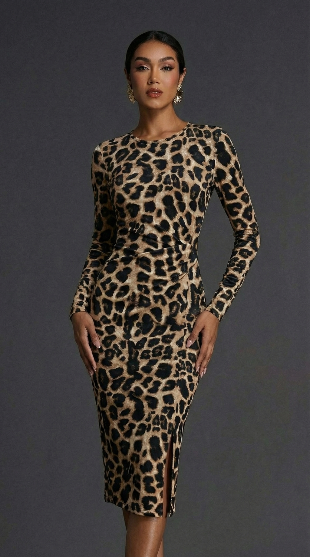 Leopar Desenli Uzun Kollu Modal Midi Elbise