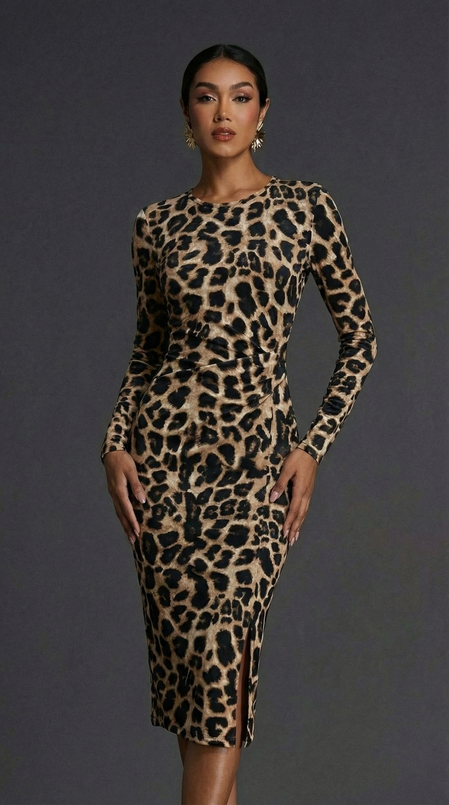 Leopar Desenli Uzun Kollu Modal Midi Elbise