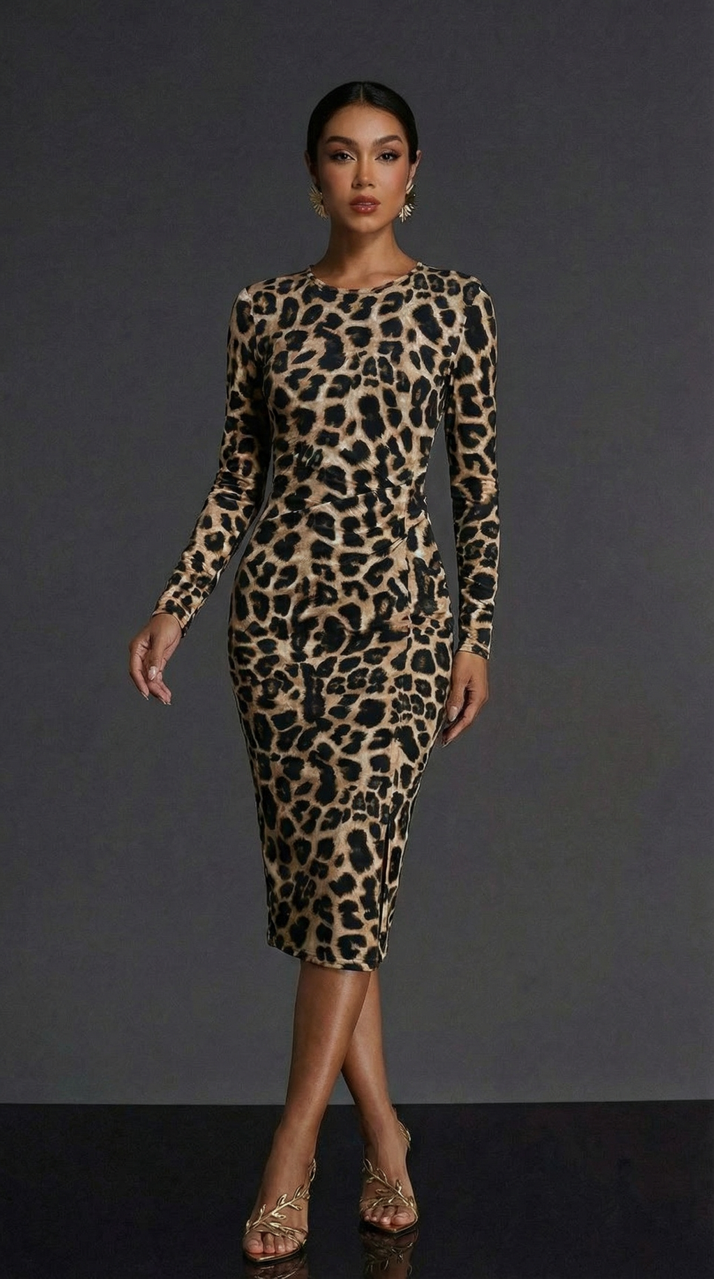 Leopar Desenli Uzun Kollu Modal Midi Elbise