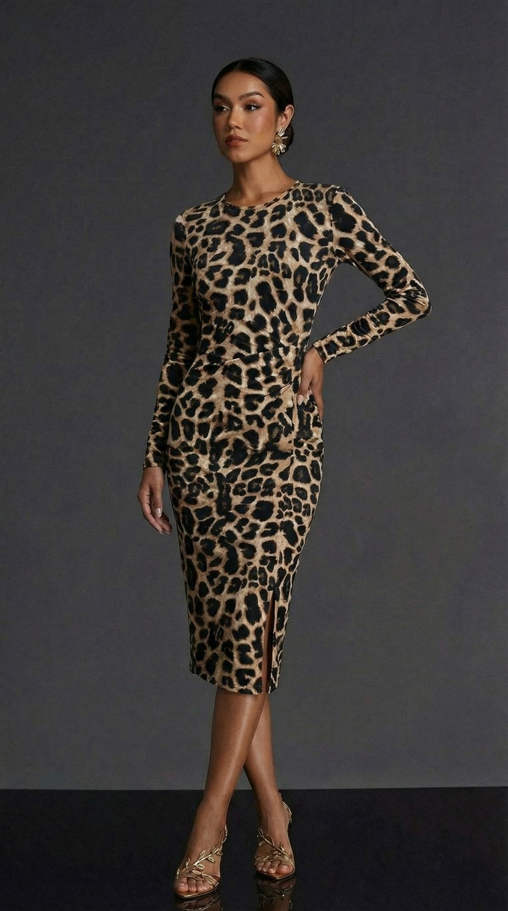 Leopar Desenli Uzun Kollu Modal Midi Elbise