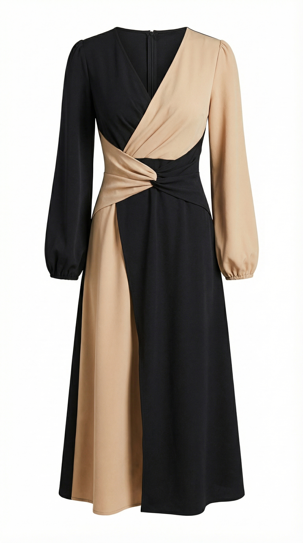 Çift Renkli Kruvaze Kesim Midi Elbise