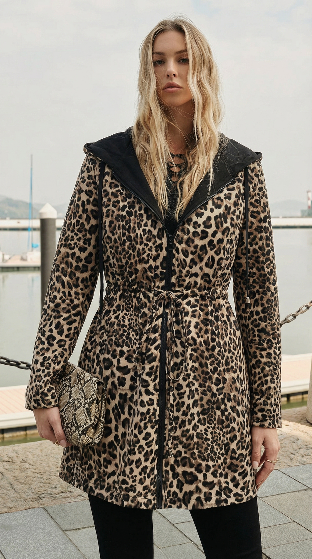 Leopar Desenli Kapüşonlu Bağcıklı Ceket
