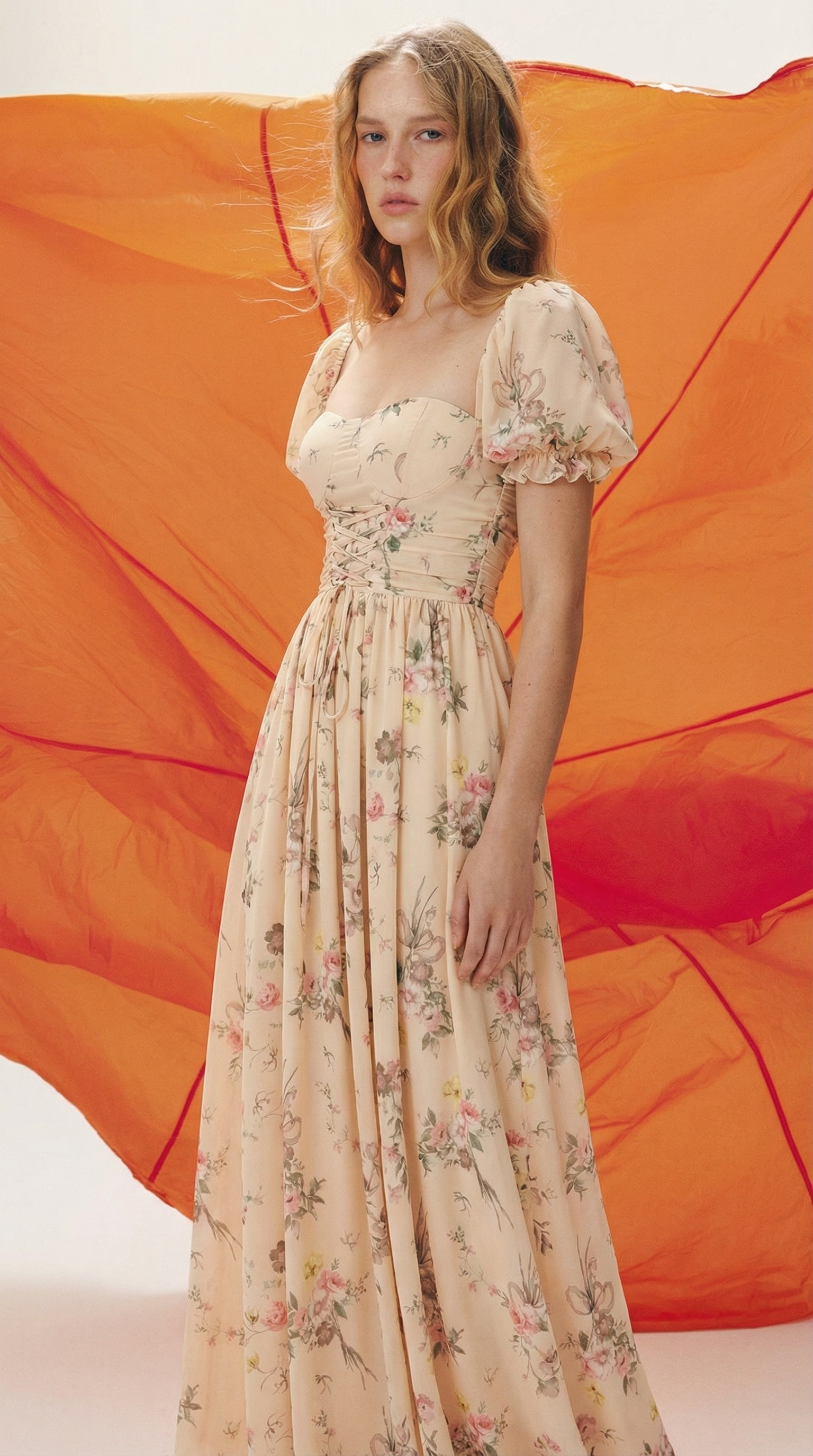 Bağlamalı Pudra Çiçekli Uzun Elbise