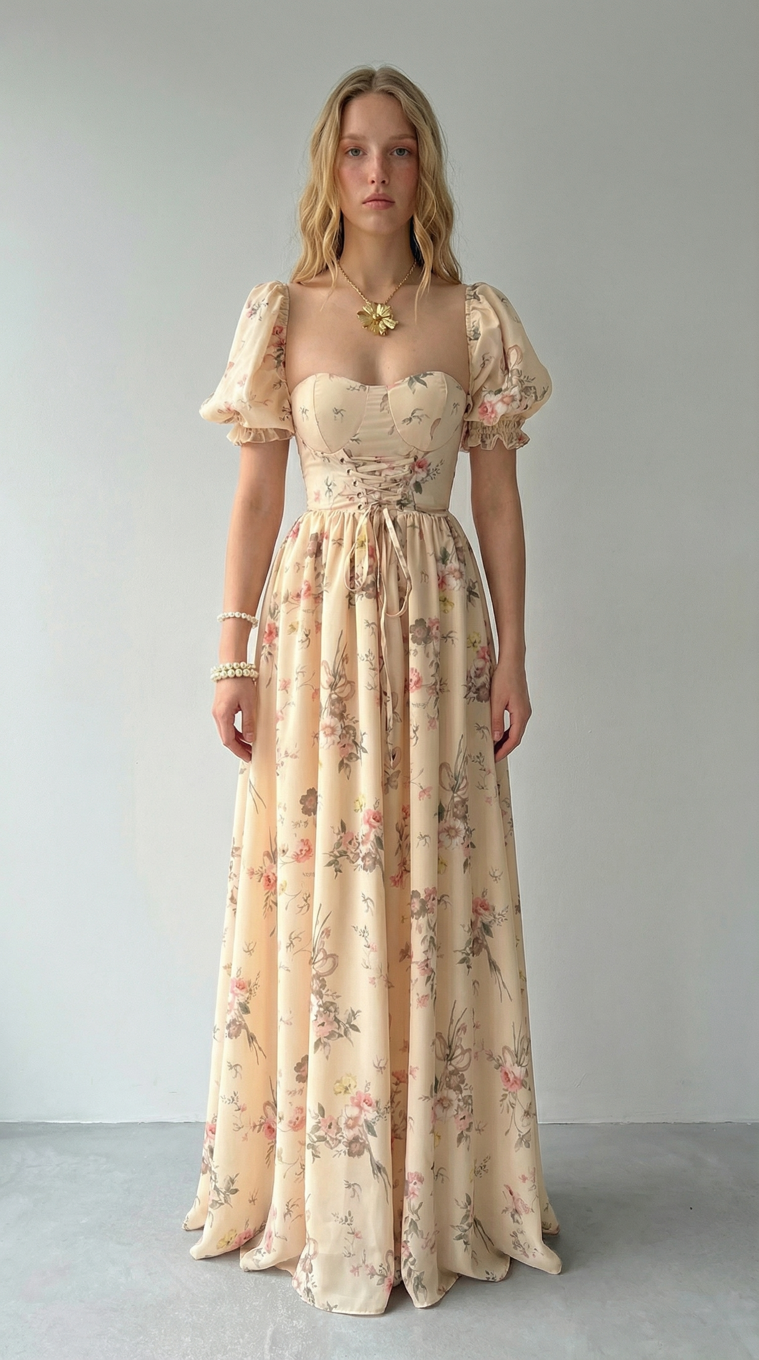 Bağlamalı Pudra Çiçekli Uzun Elbise