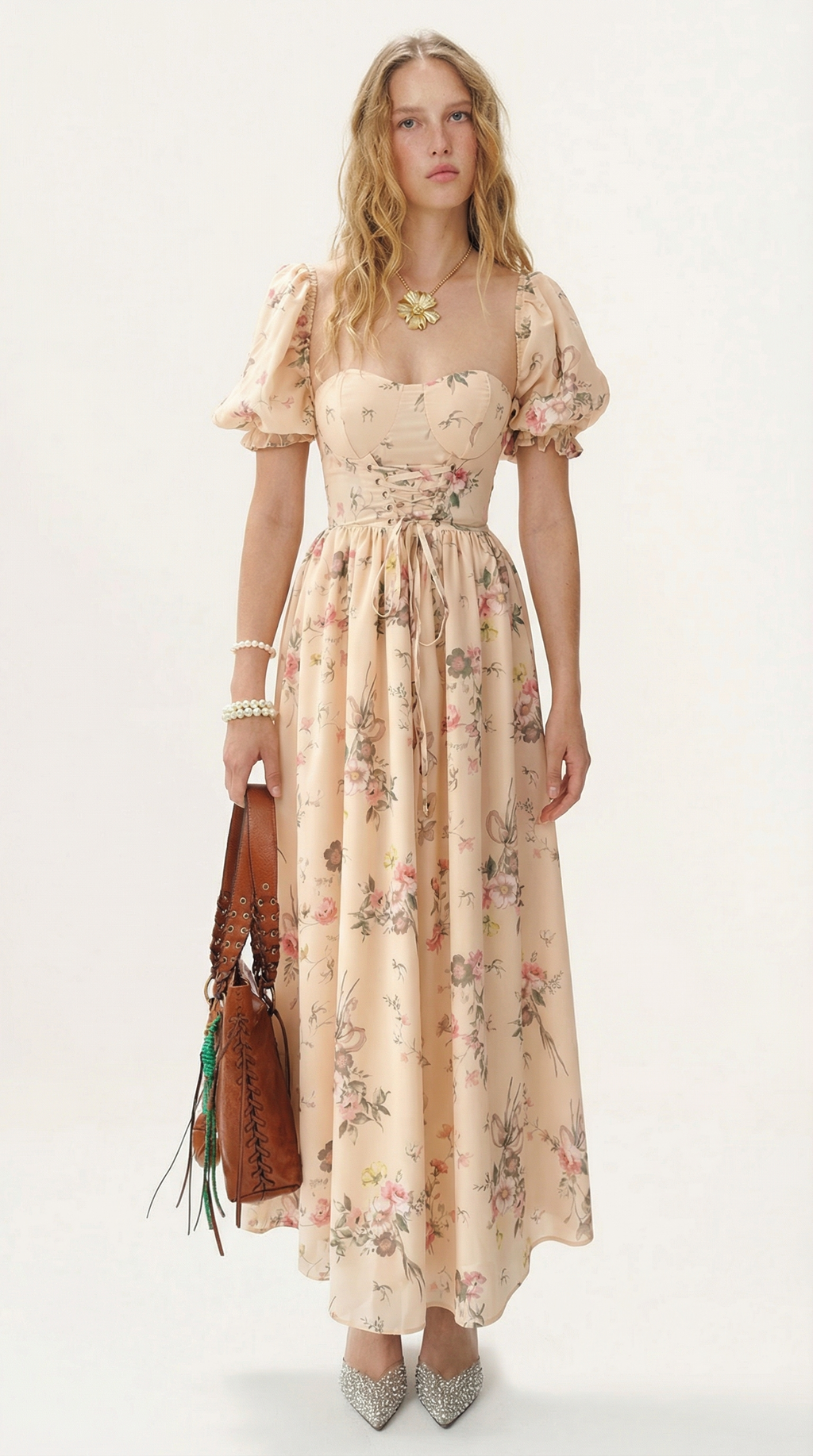 Bağlamalı Pudra Çiçekli Uzun Elbise