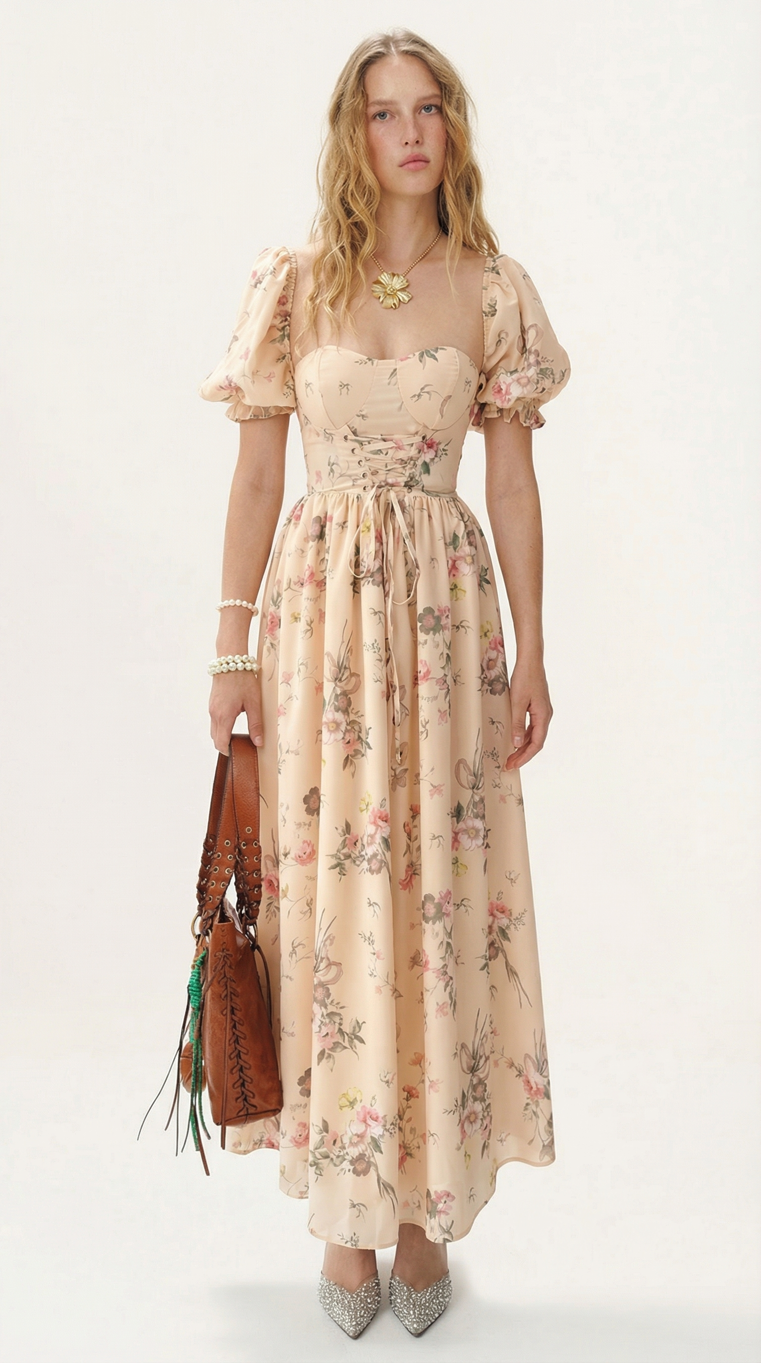 Bağlamalı Pudra Çiçekli Uzun Elbise