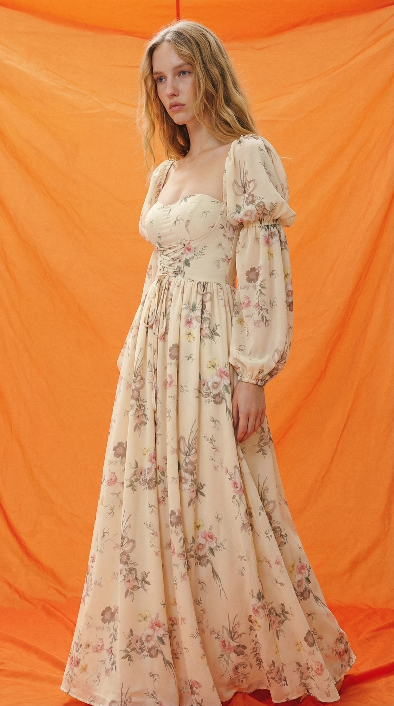 Bağlamalı Pudra Çiçekli Uzun Elbise