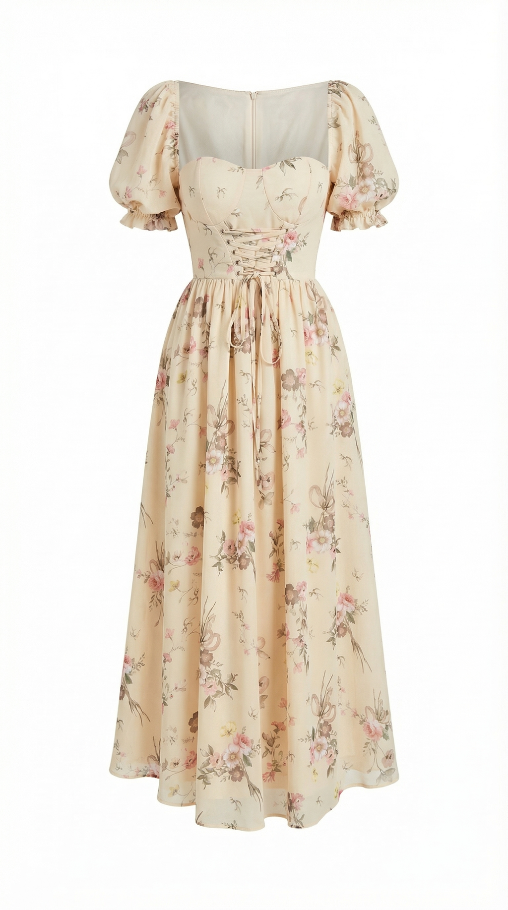 Bağlamalı Pudra Çiçekli Uzun Elbise