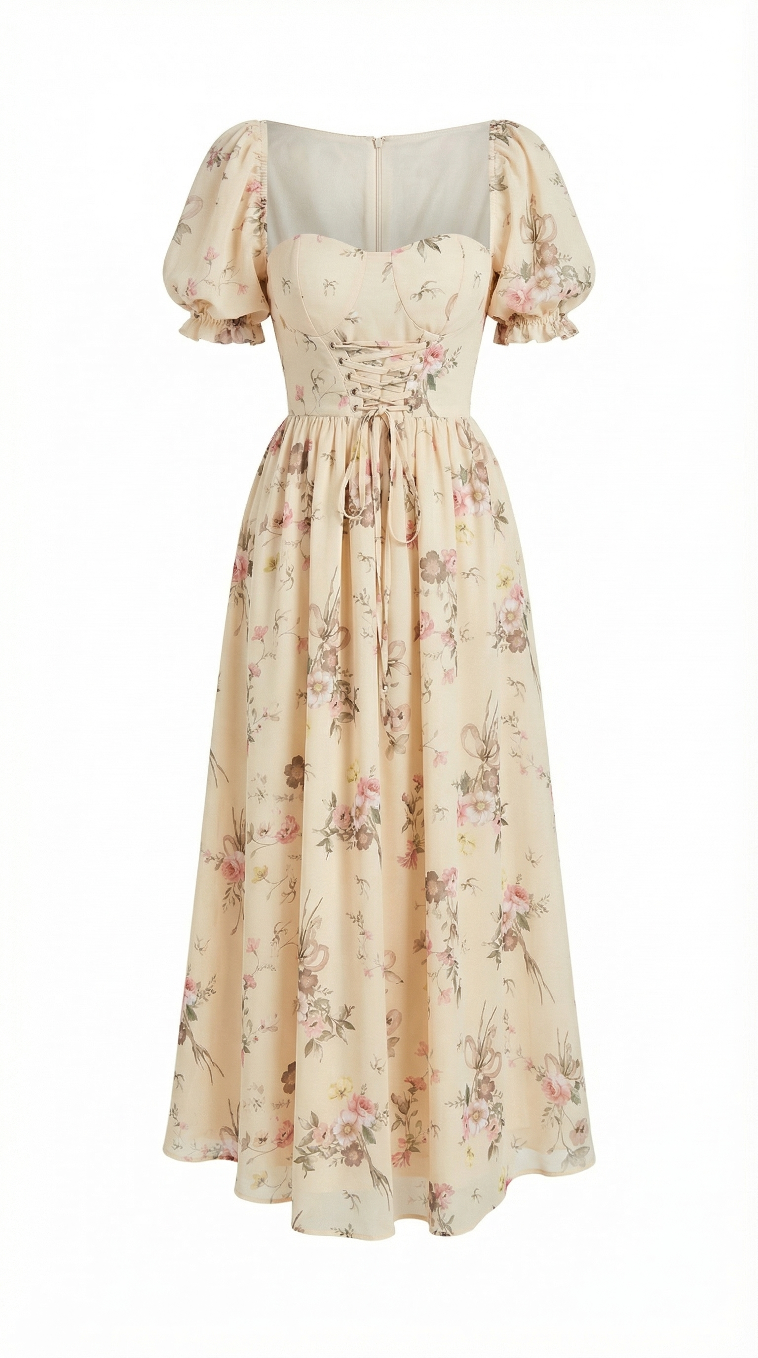 Bağlamalı Pudra Çiçekli Uzun Elbise