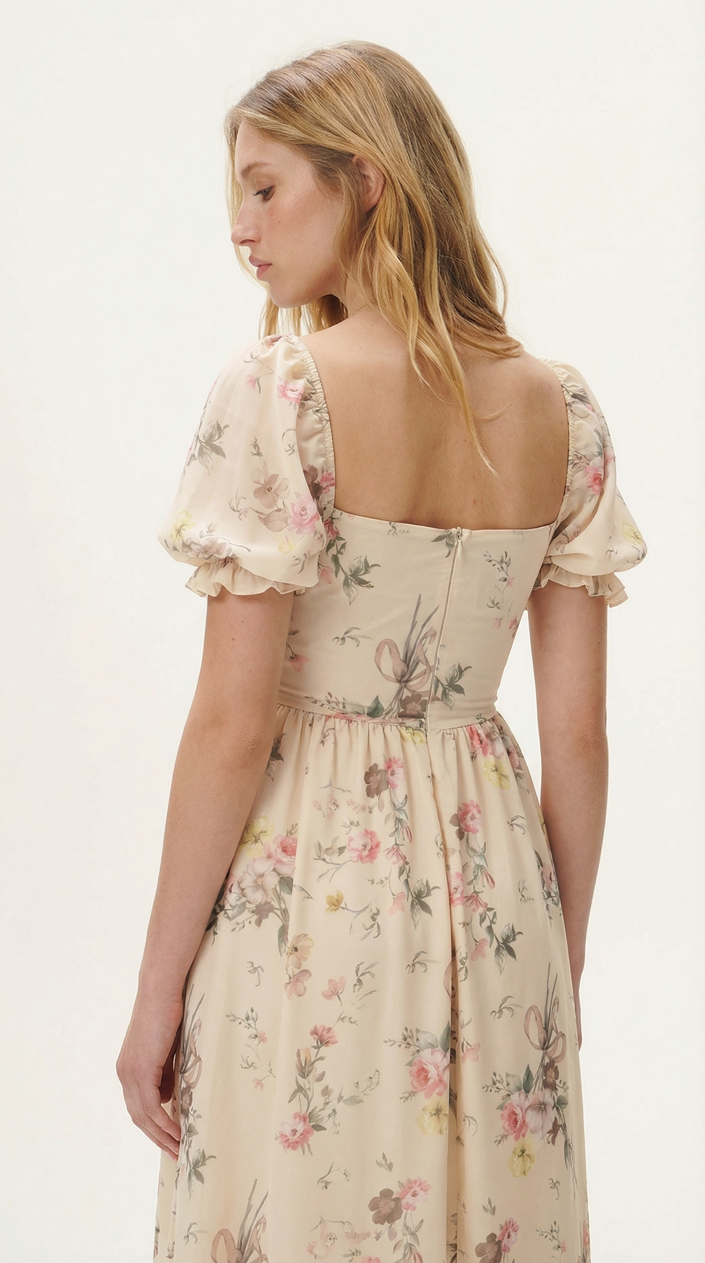 Bağlamalı Pudra Çiçekli Uzun Elbise