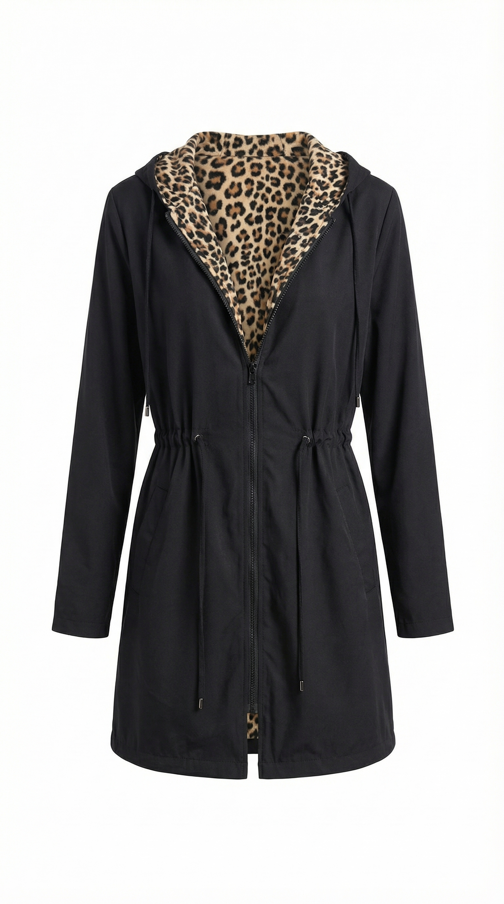 Leopar Desenli Kapüşonlu Bağcıklı Ceket