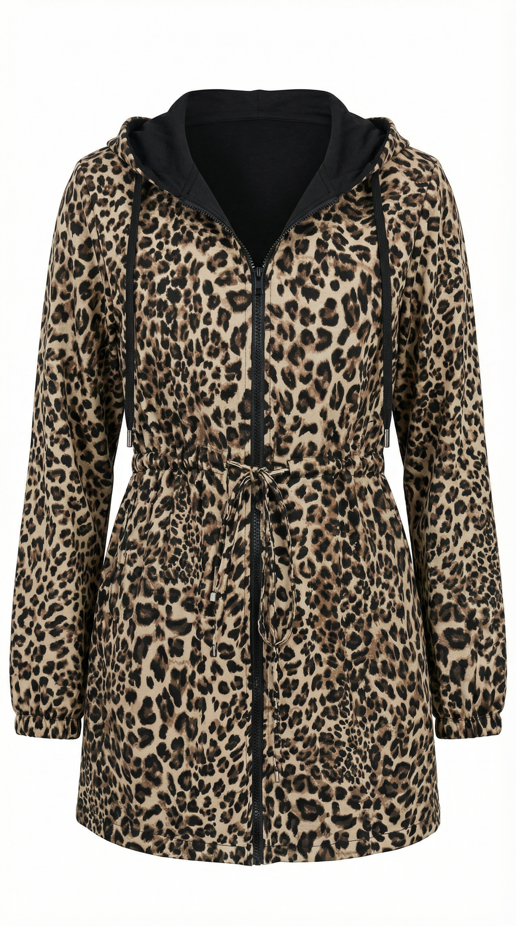 Leopar Desenli Kapüşonlu Bağcıklı Ceket