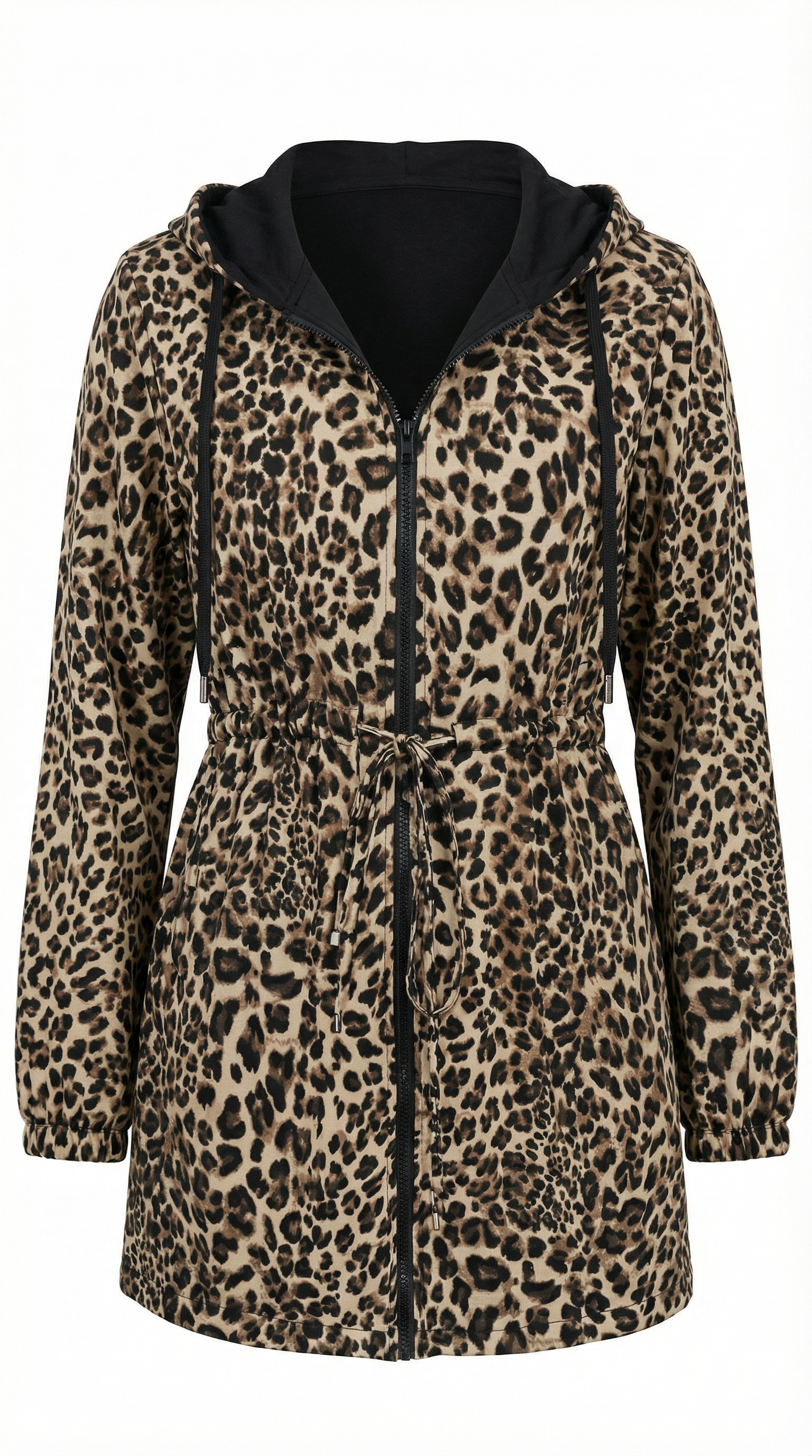 Leopar Desenli Kapüşonlu Bağcıklı Ceket