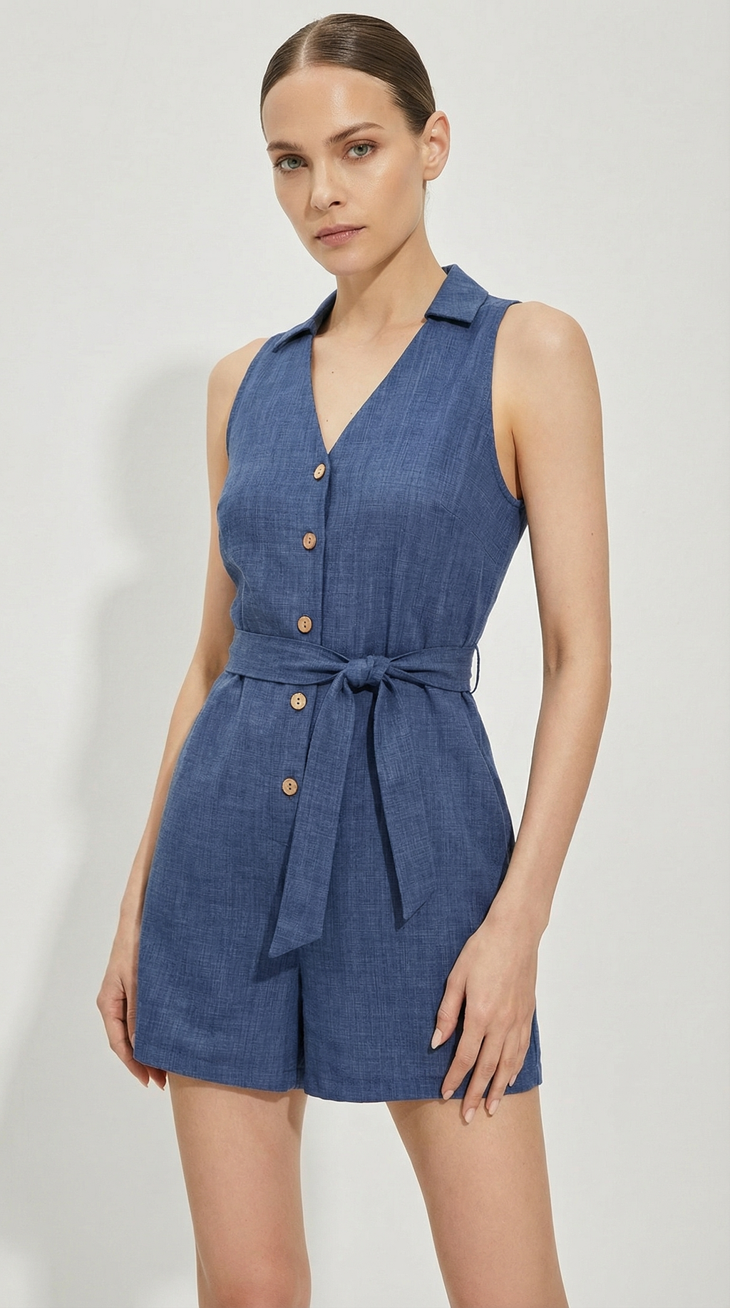 Kuşaklı Düğmeli Kısa Keten Tulum