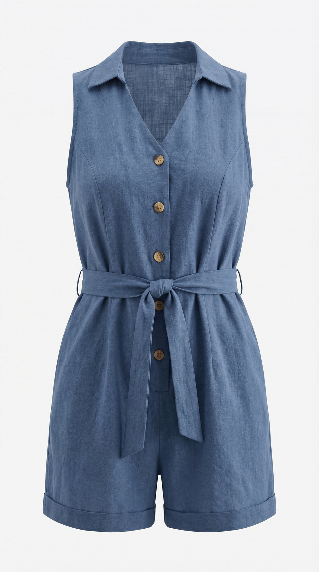 Kuşaklı Düğmeli Kısa Keten Tulum