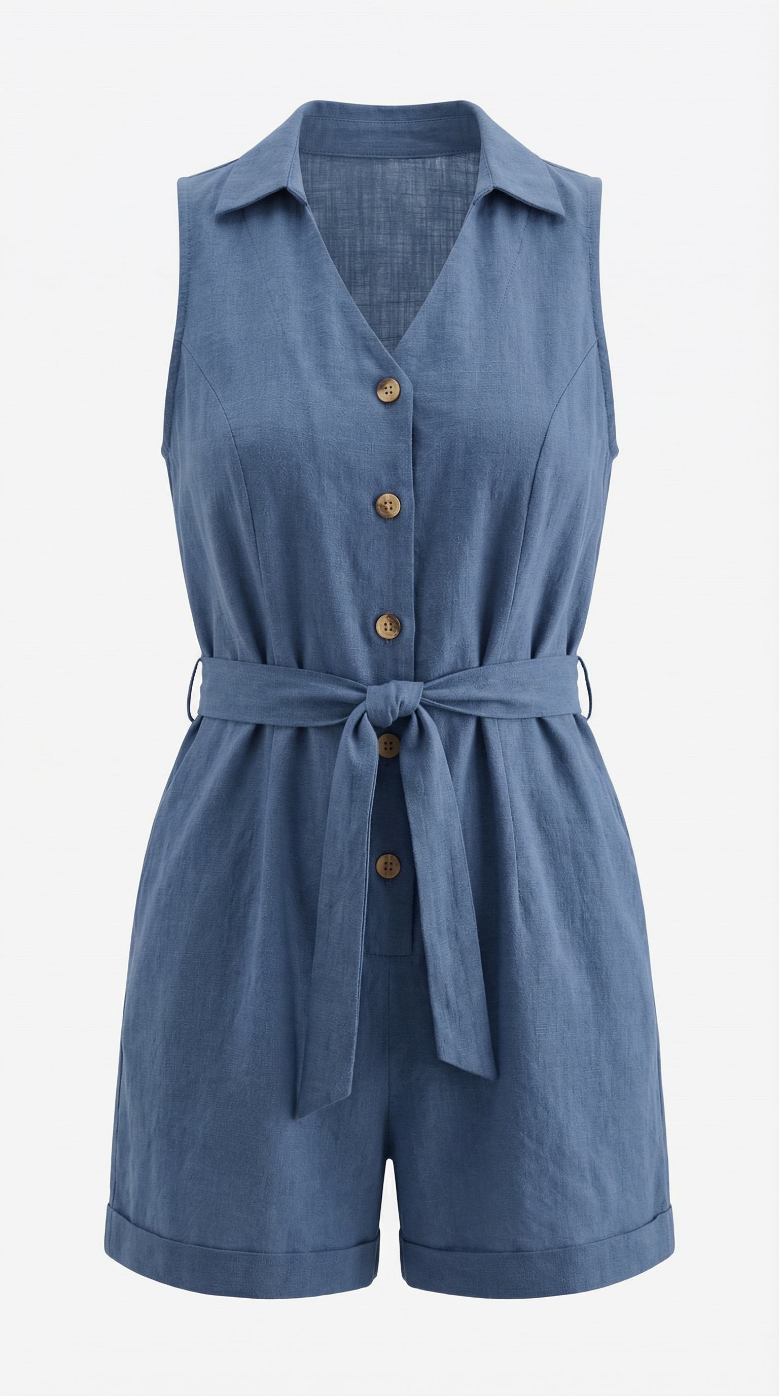 Kuşaklı Düğmeli Kısa Keten Tulum