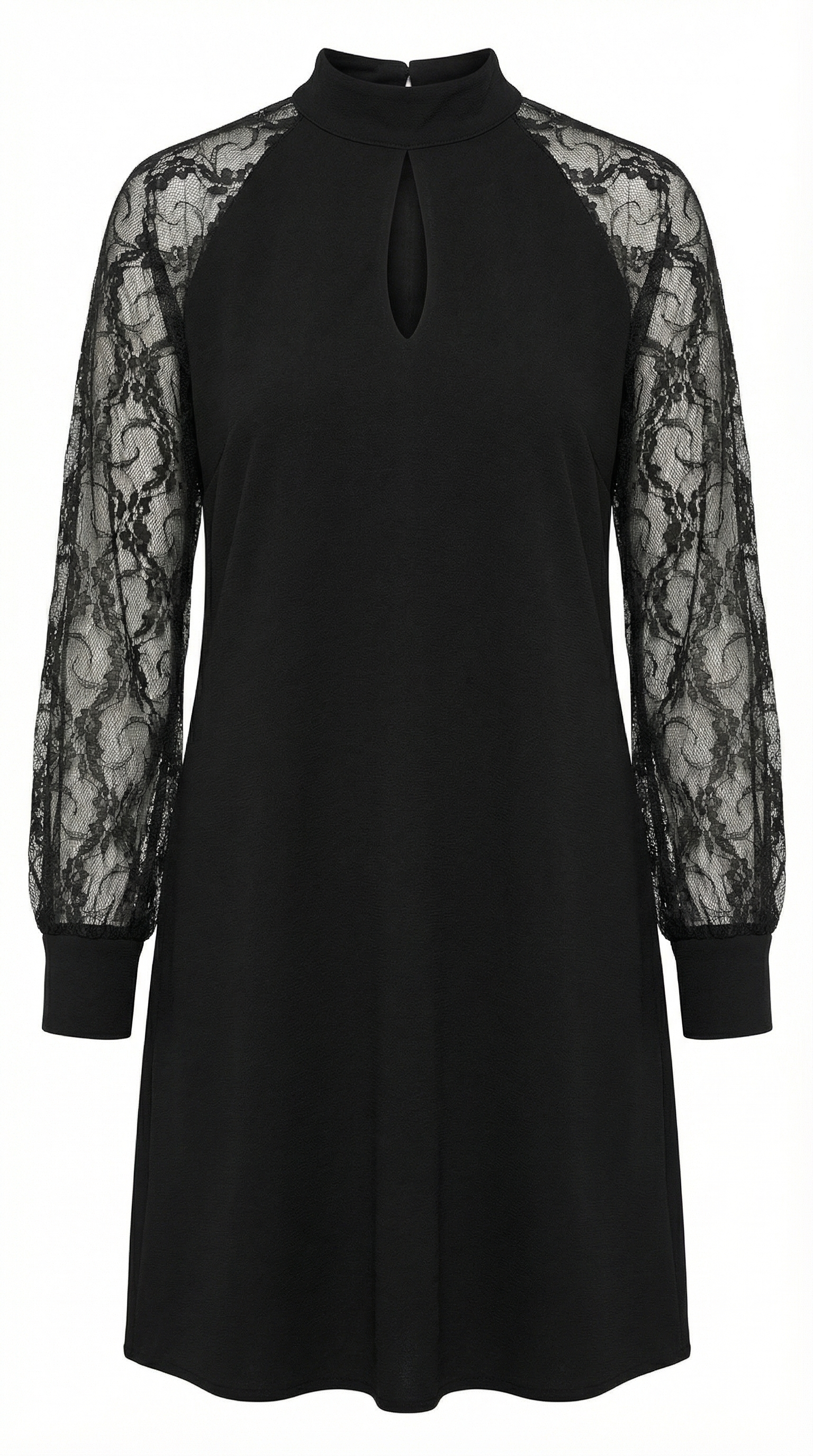 Dantel Kollu Damla Yaka Siyah Mini Elbise