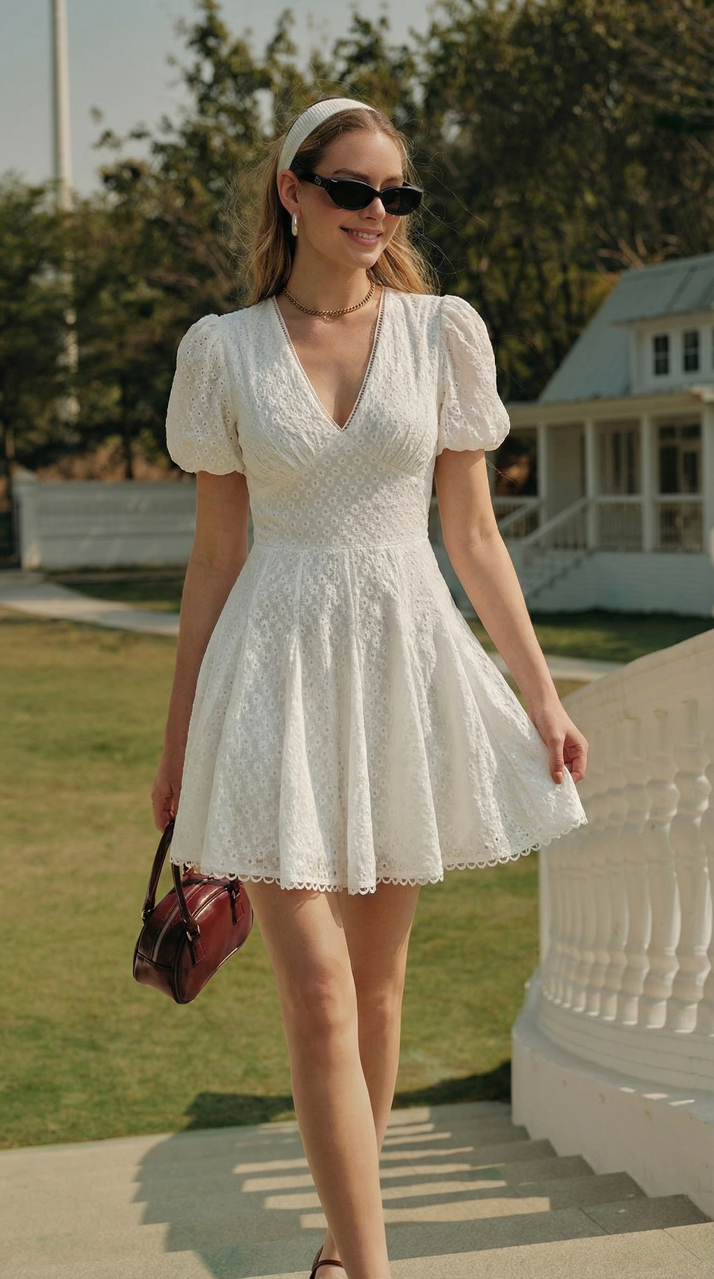 Brode Detaylı Beyaz Mini Elbise