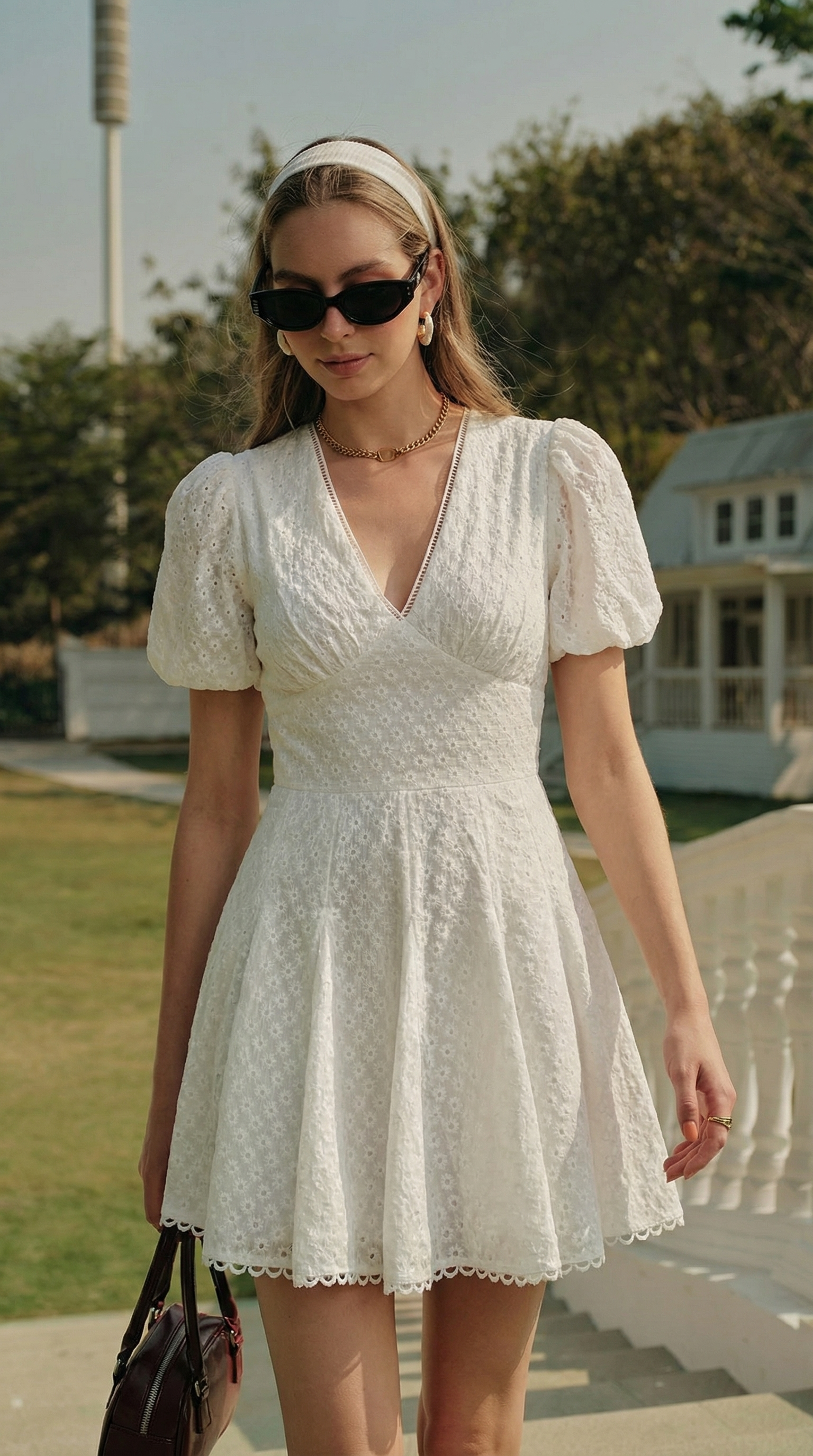 Brode Detaylı Beyaz Mini Elbise