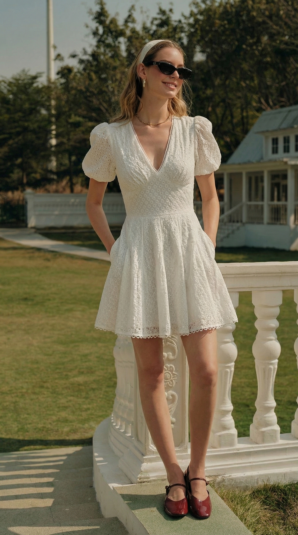 Brode Detaylı Beyaz Mini Elbise