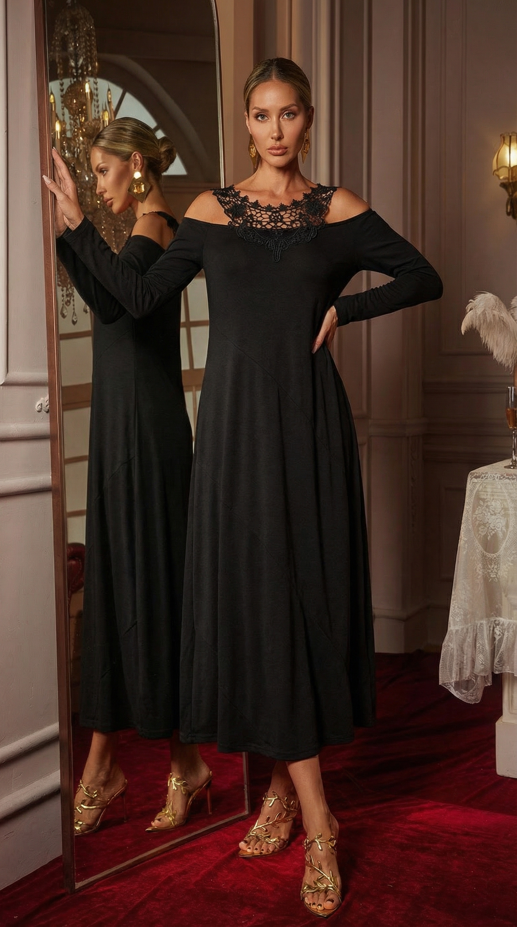 Güpür Detaylı Madonna Yaka Siyah Midi Elbise