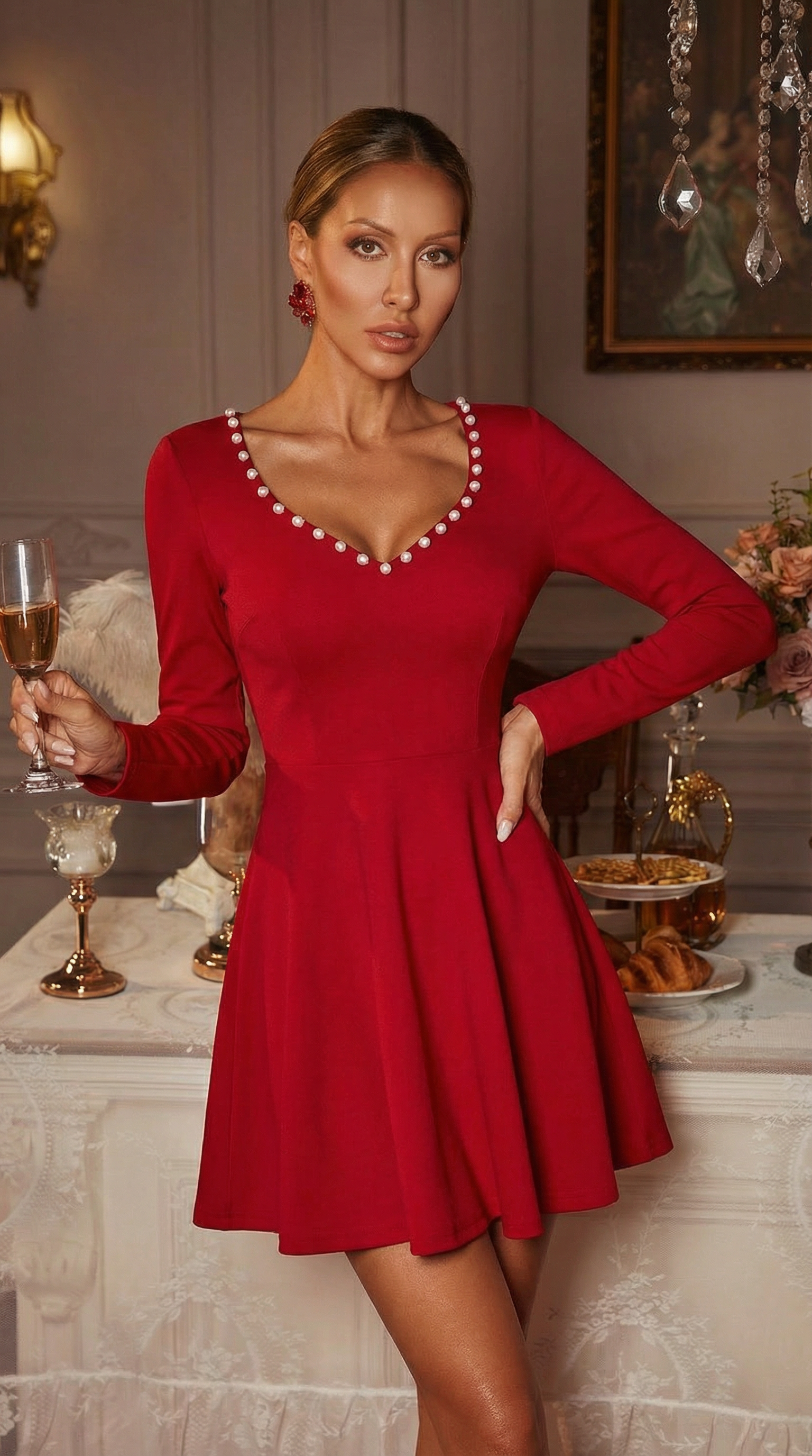 İnci Yakalı Kırmızı Uzun Kollu Mini Elbise