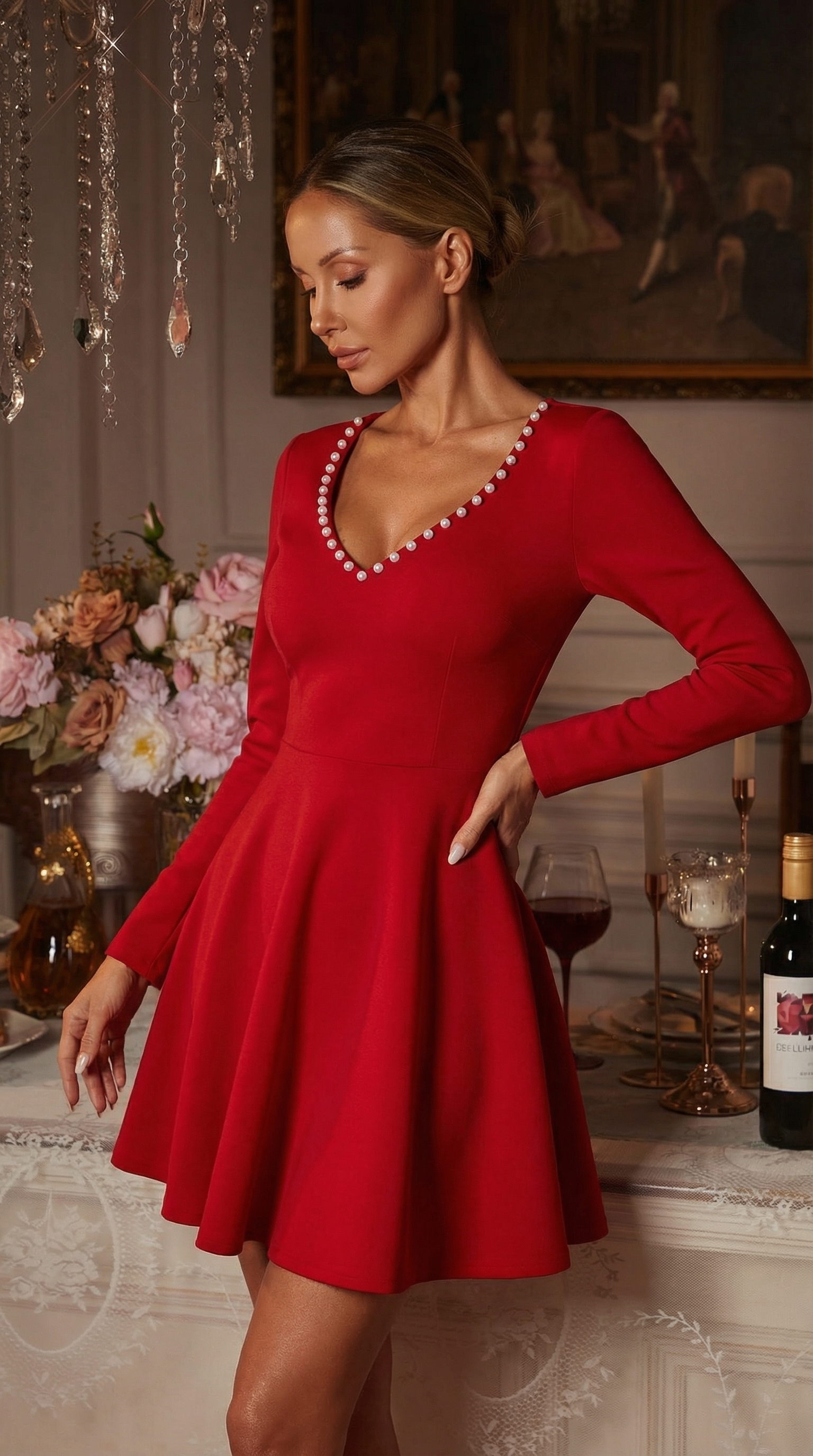 İnci Yakalı Kırmızı Uzun Kollu Mini Elbise