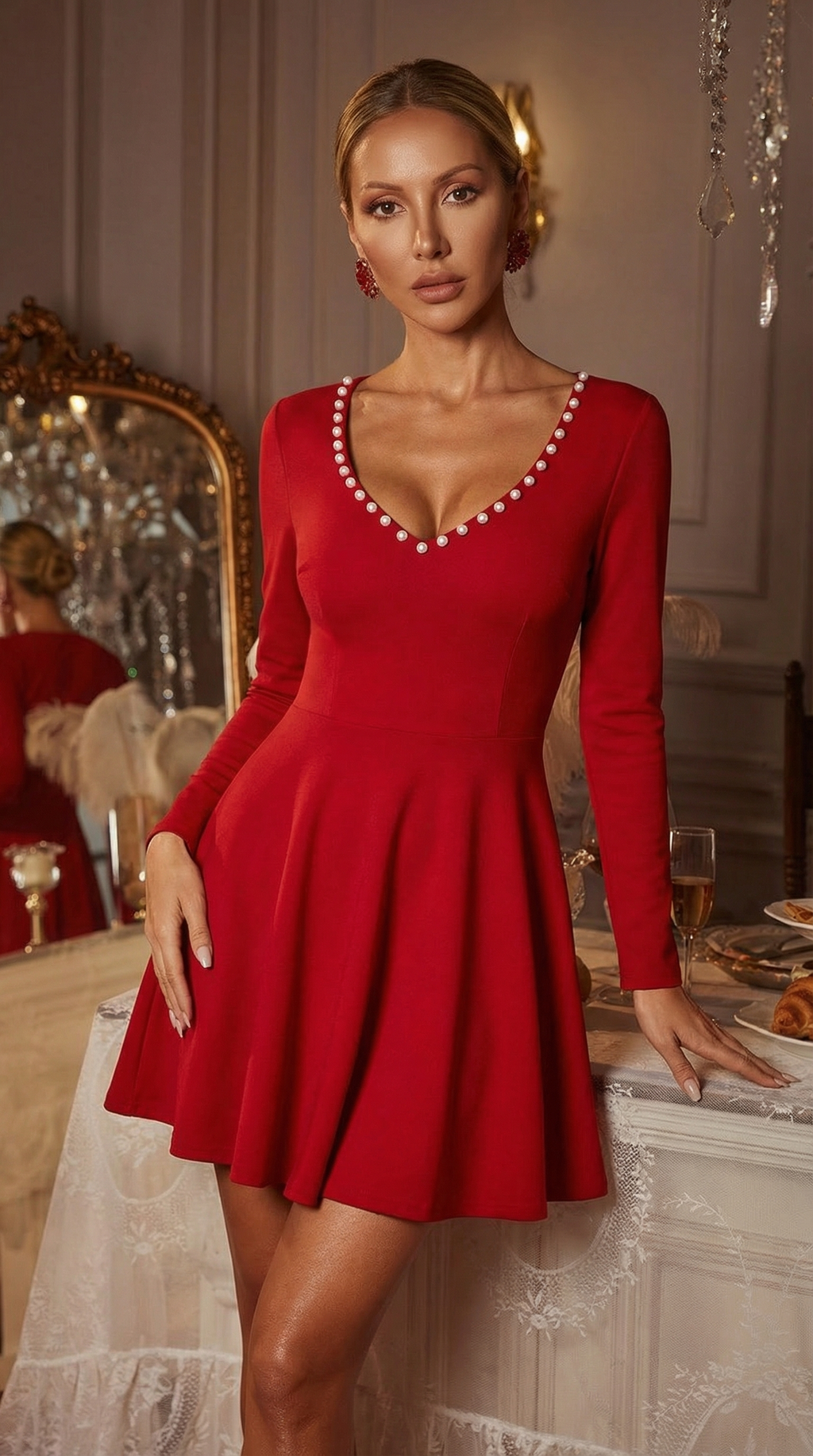 İnci Yakalı Kırmızı Uzun Kollu Mini Elbise
