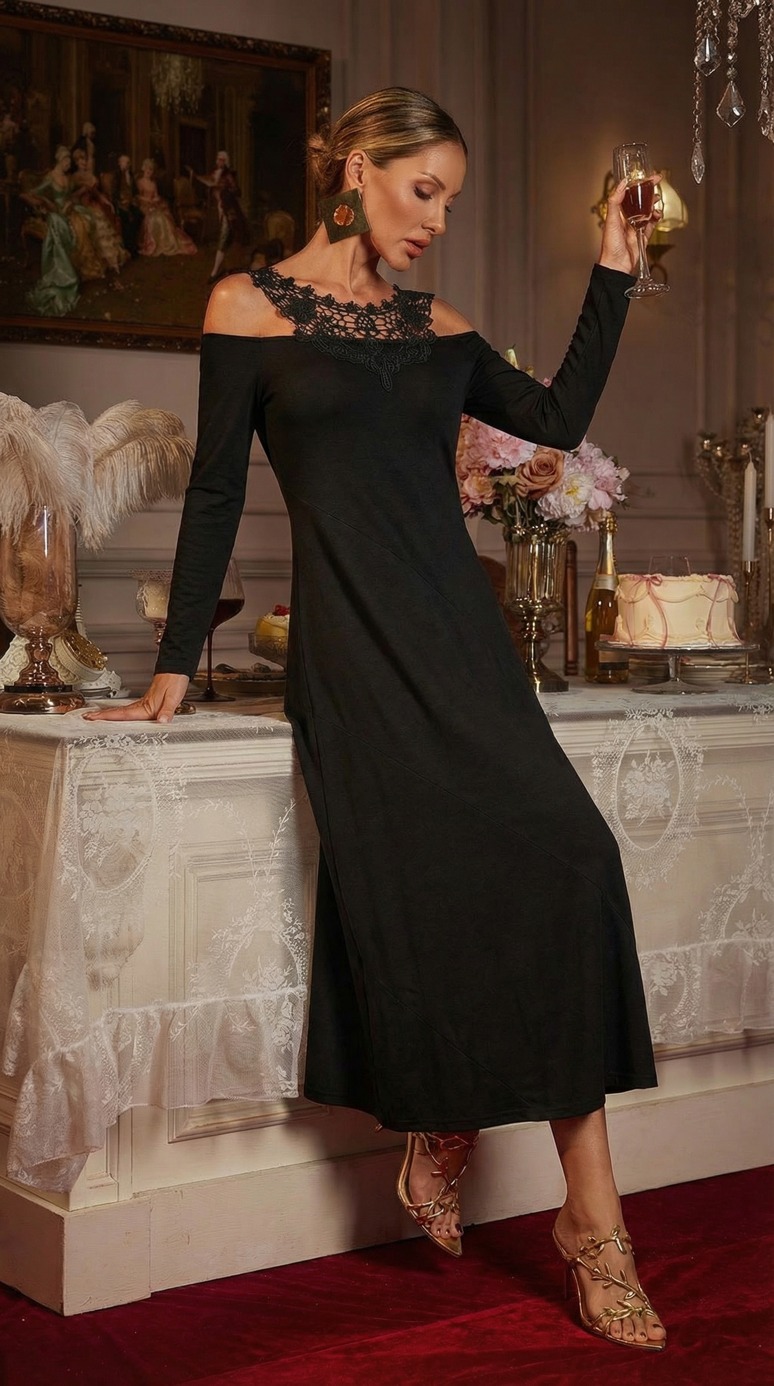 Güpür Detaylı Madonna Yaka Siyah Midi Elbise