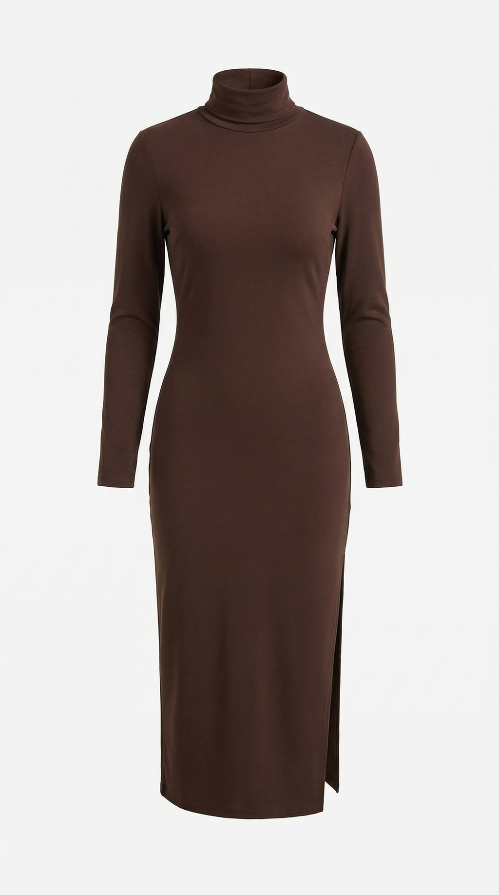 Kahverengi Balıkçı Yaka Yırtmaçlı Midi Elbise