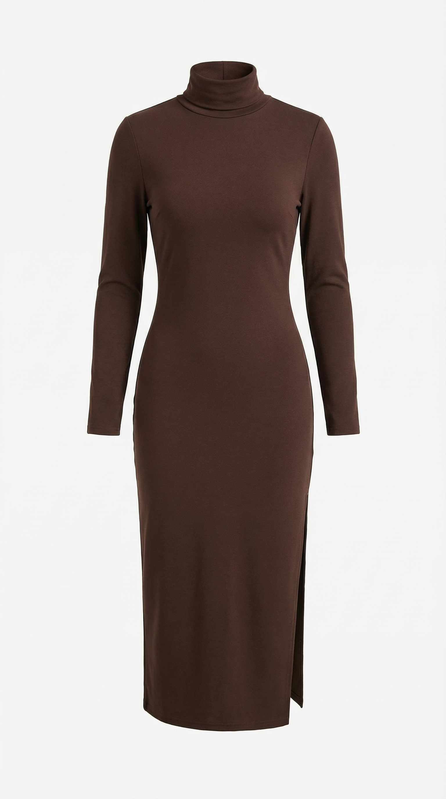 Kahverengi Balıkçı Yaka Yırtmaçlı Midi Elbise