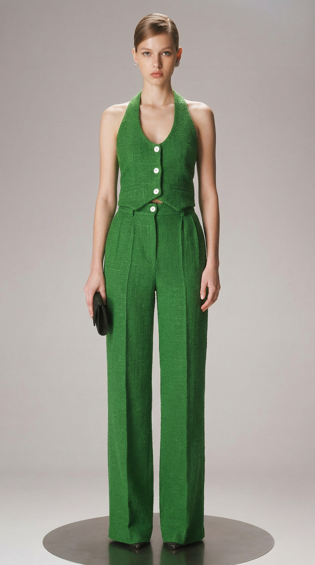 Düğme Detaylı Yeşil Yelekli Takım