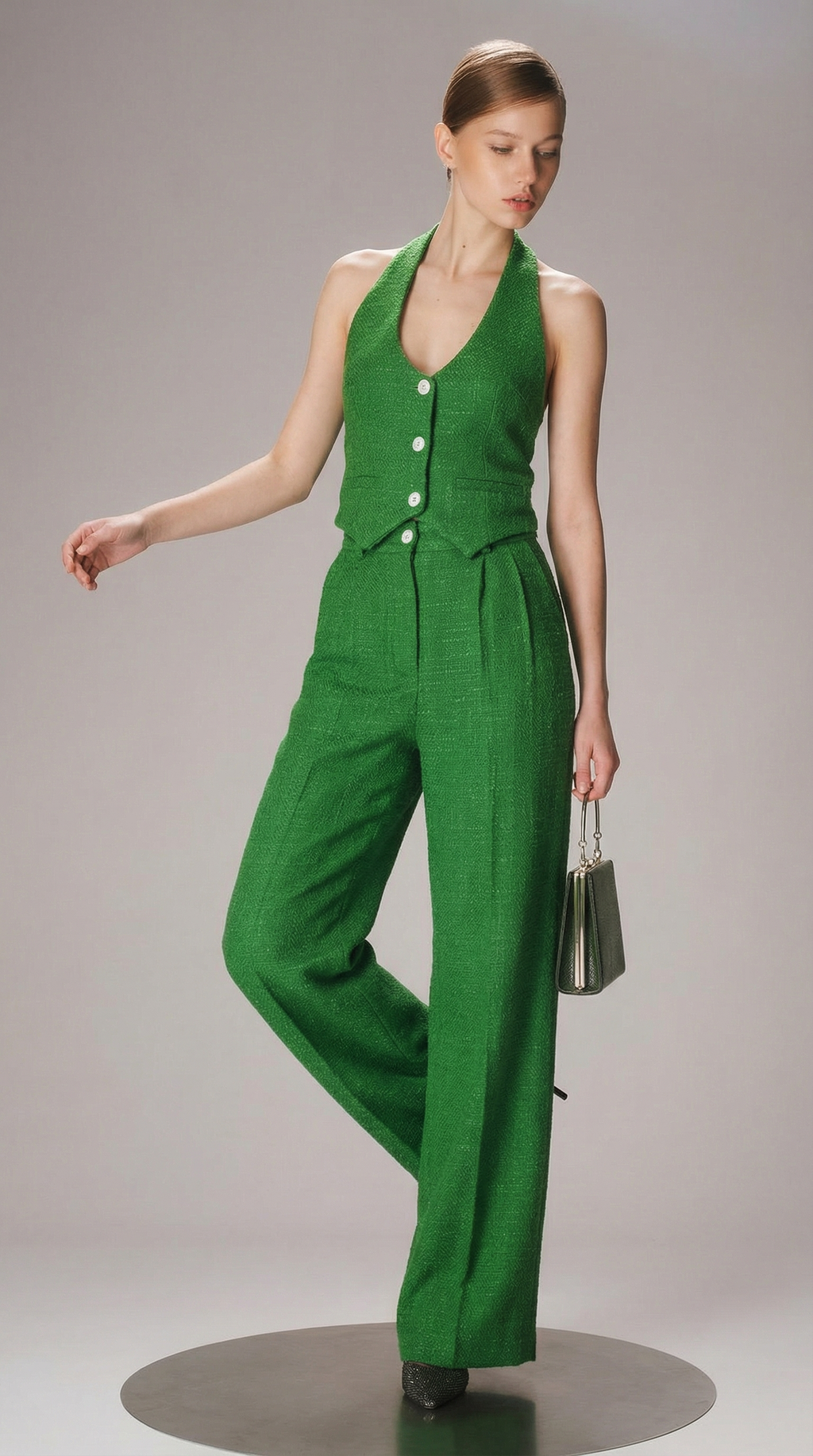 Düğme Detaylı Yeşil Yelekli Takım