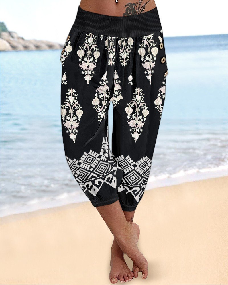 Kadın Beli Lastikli Etnik Desenli Kapri Süprem Pantolon