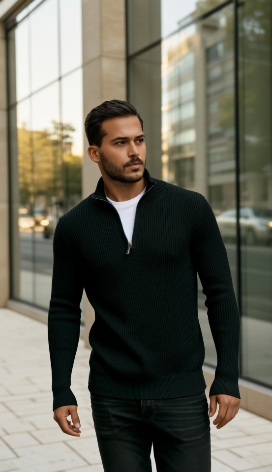 Erkek Balıkçı Zip Yaka Uzun Kollu Triko